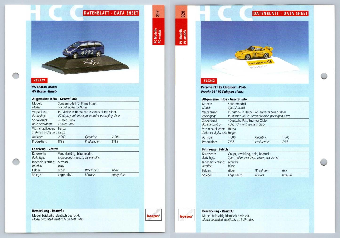 VW Sharan / Porsche 911 RS Clubsport #327/28 PC-Modelle - Herpa Data Sheet-Breakoutcards
