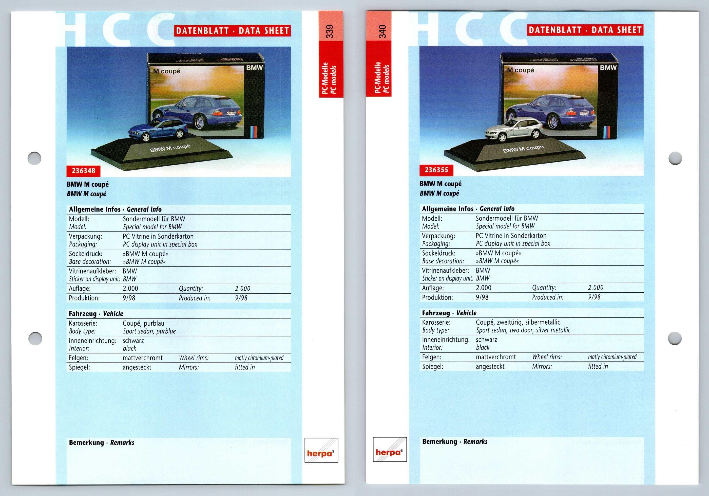BMW M Coupe #339/40 PC-Modelle - Herpa Data Sheet-Breakoutcards