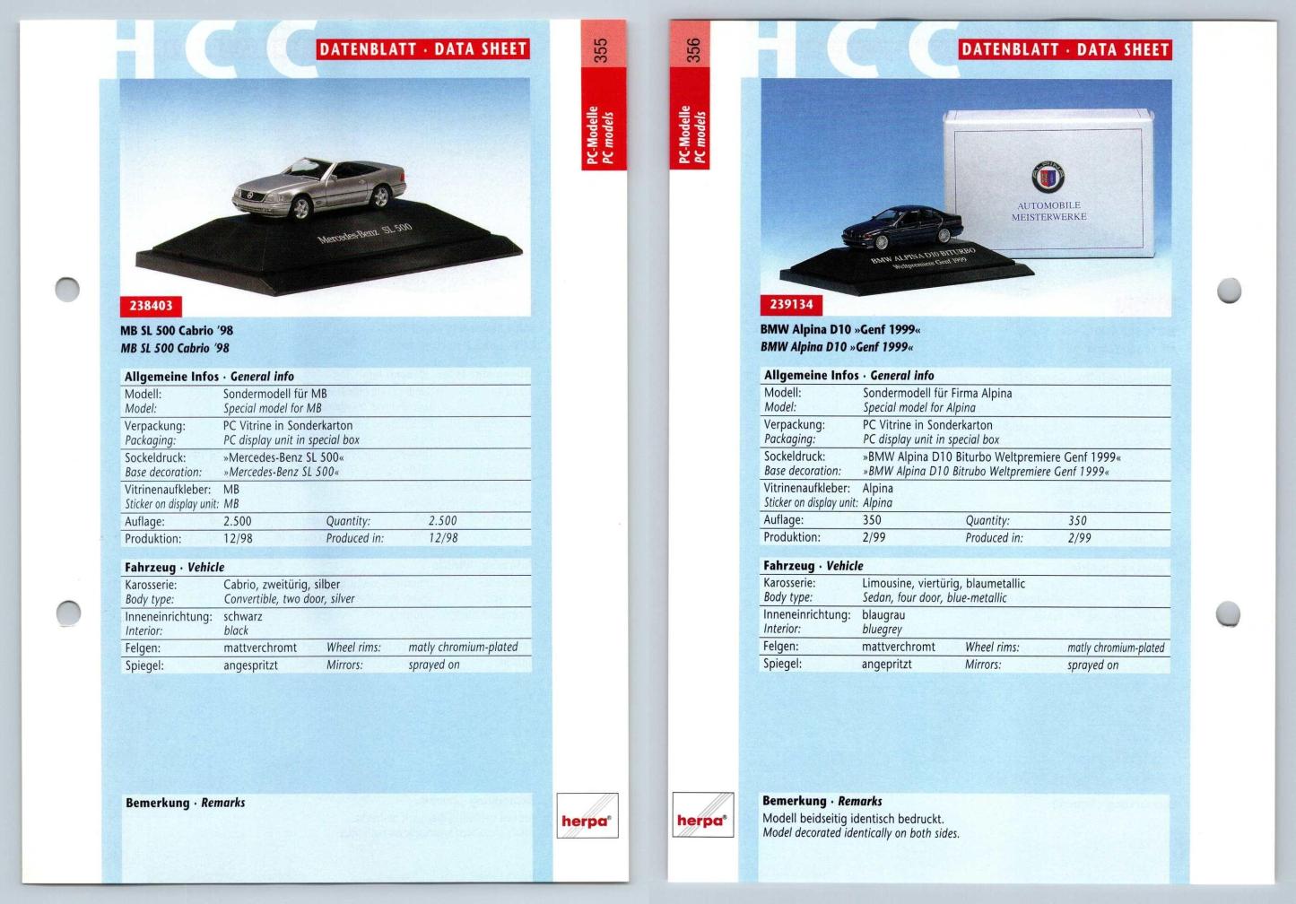 Mercedes Benz SL 500 Cabrio /  BMW Alpina D10 #355/6 PC-Modelle - Herpa Data Sheet-Breakoutcards