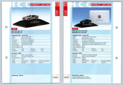 Mercedes Benz SL 500 Cabrio /  BMW Alpina D10 #355/6 PC-Modelle - Herpa Data Sheet-Breakoutcards