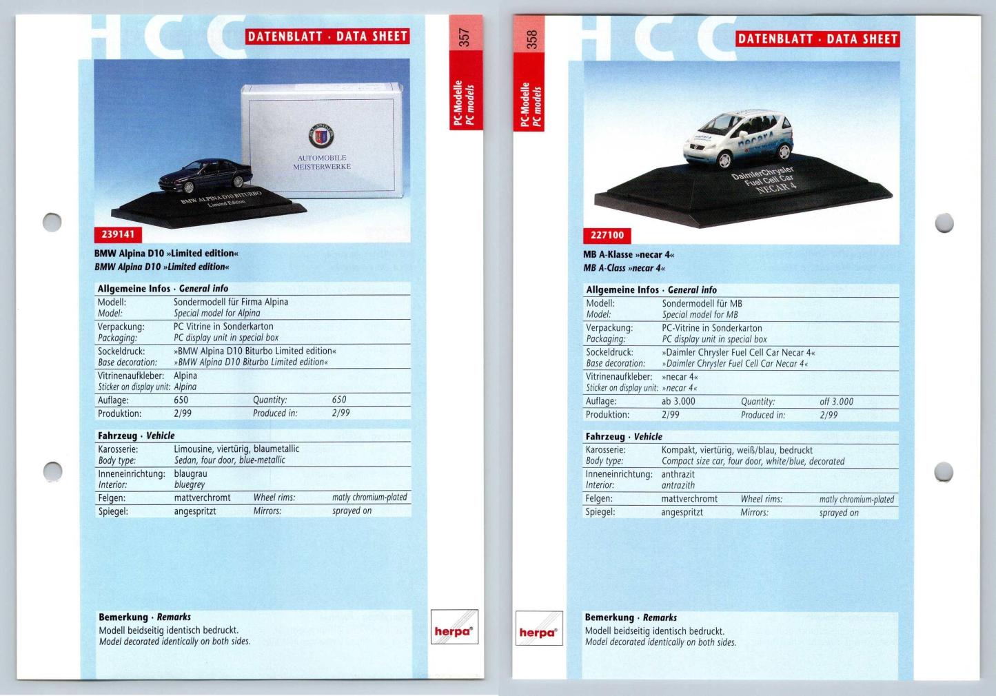 BMW Alpina D10 / MB A-Klasse #357/58 PC-Modelle - Herpa Data Sheet-Breakoutcards