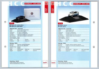 BMW Alpina D10 / MB A-Klasse #357/58 PC-Modelle - Herpa Data Sheet-Breakoutcards
