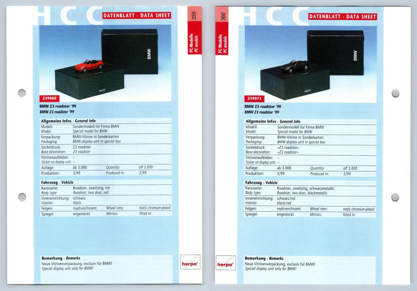 BMW Z3 Roadster #359/60 PC-Modelle - Herpa Data Sheet-Breakoutcards