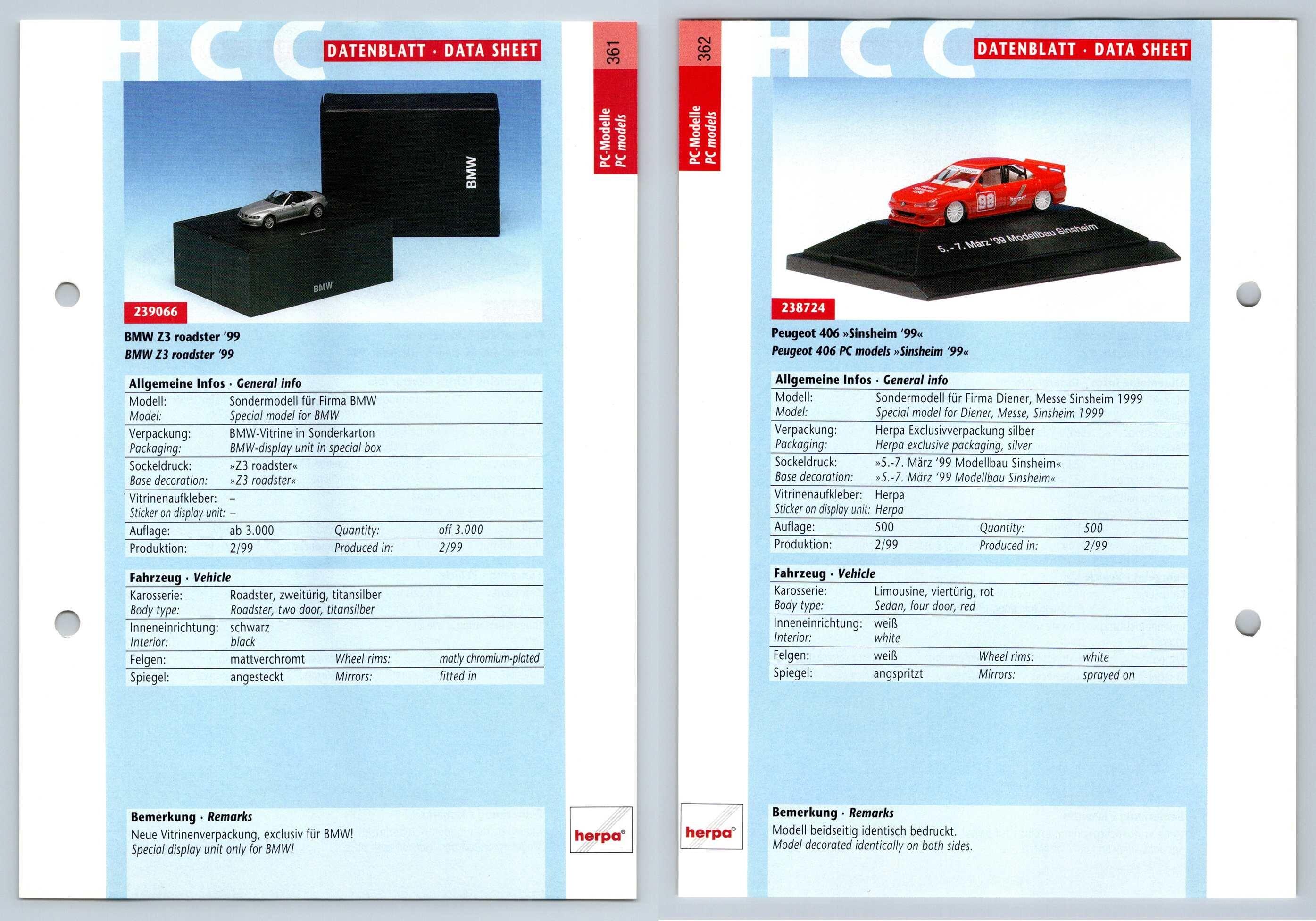 BMW Z3 Roaster / Peugeot 406 #361/62 PC-Modelle - Herpa Data Sheet-Breakoutcards