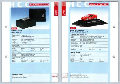 BMW Z3 Roaster / Peugeot 406 #361/62 PC-Modelle - Herpa Data Sheet-Breakoutcards