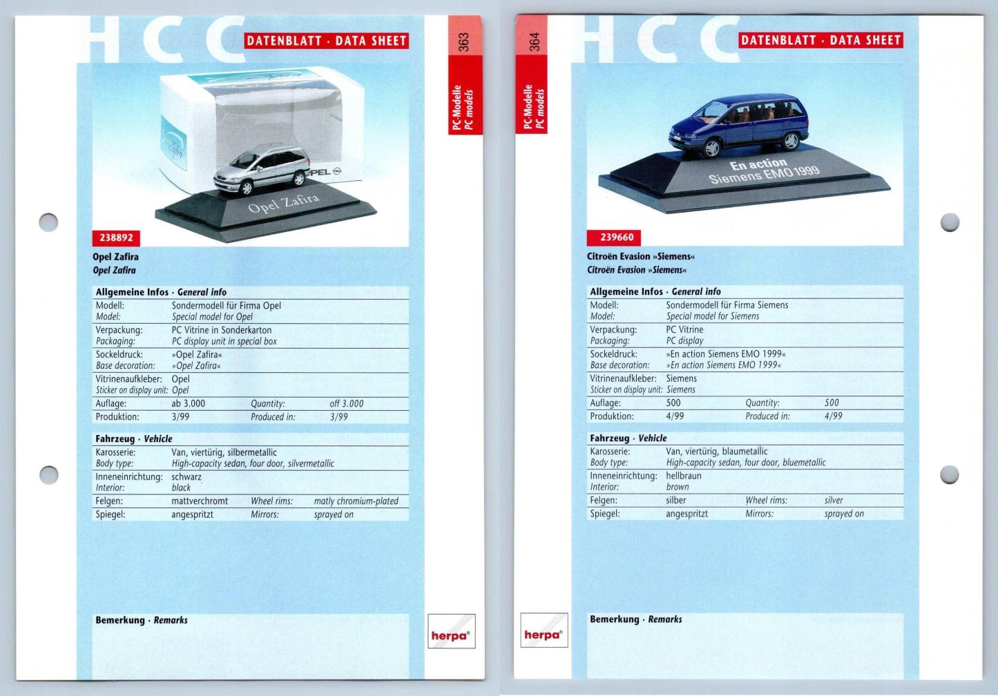 Opel Zafira / Citroen Evasion #363/64 PC-Modelle - Herpa Data Sheet-Breakoutcards