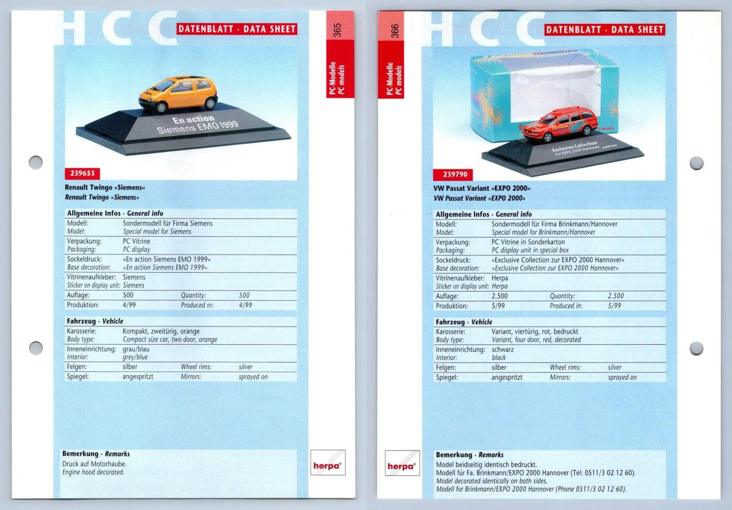 Renault Twingo / VW Passat #365/66 PC-Modelle - Herpa Data Sheet-Breakoutcards
