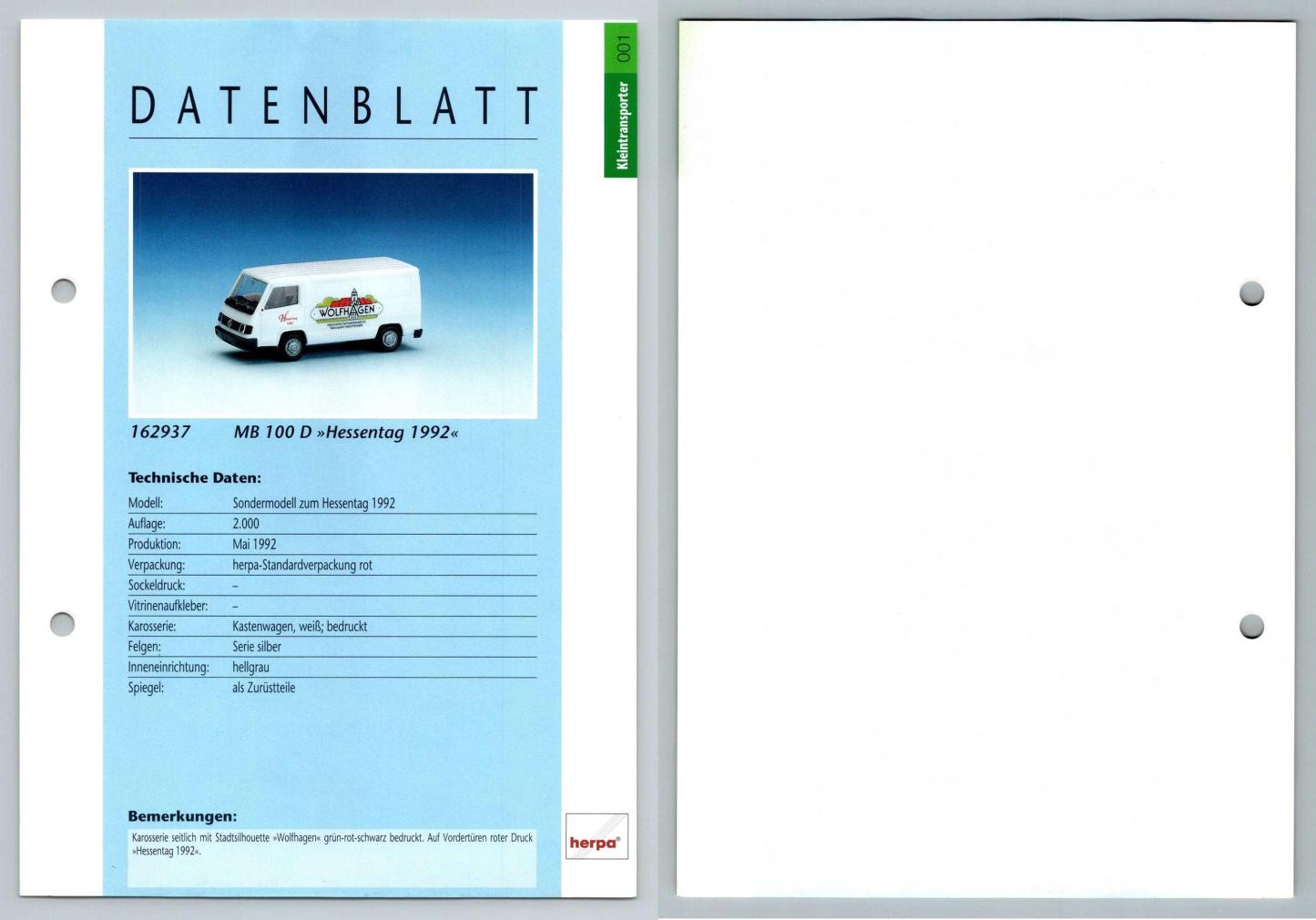 MB 100 D Hassentag #1 Kleintransporter - Herpa Data Sheet-Breakoutcards