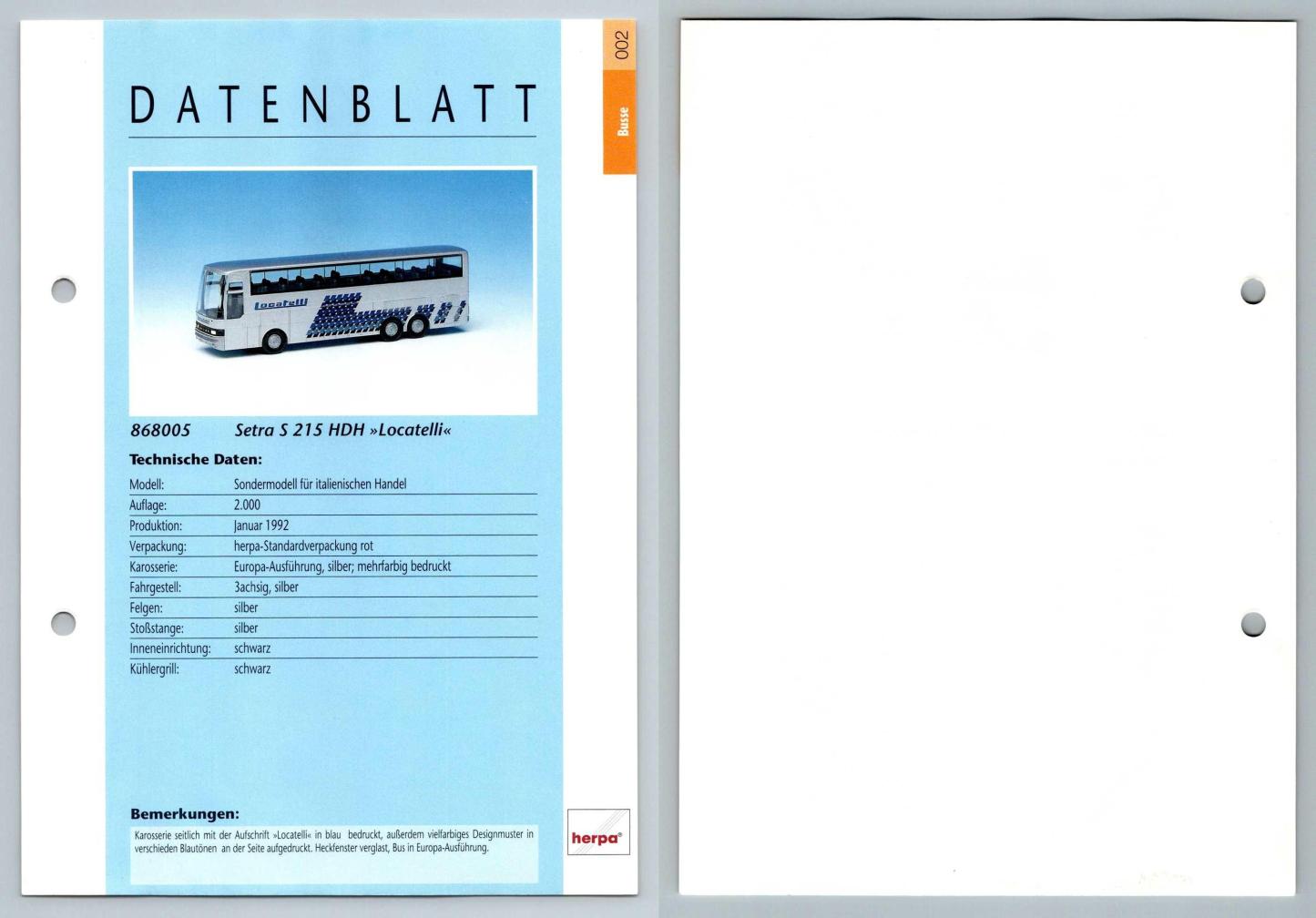 Setra S 215 HDH  #2 Busse - Herpa Data Sheet-Breakoutcards