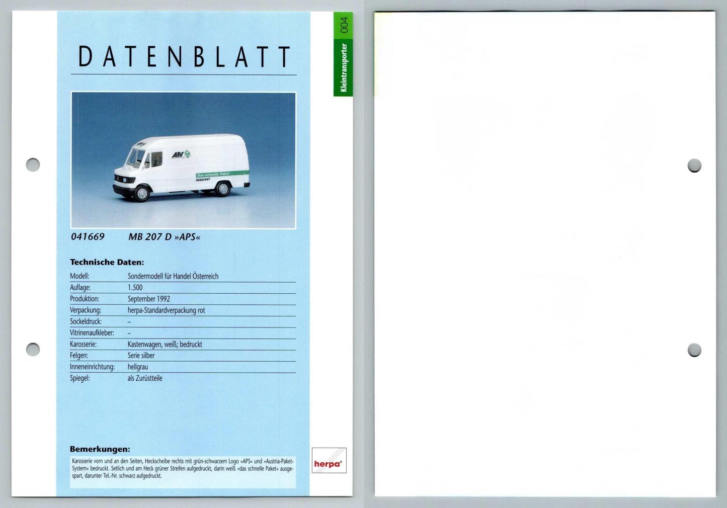 MB 207 D APS #4 Kleintransporter - Herpa Data Sheet-Breakoutcards