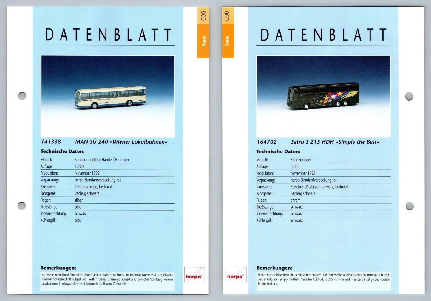 Man Su 240 / Setra S 215 HDH #5/6 Busse - Herpa Data Sheet-Breakoutcards