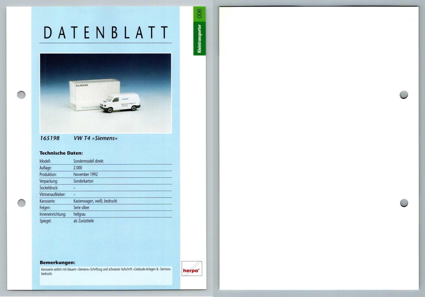 VW T4 Siemens #6 Kleintransporter - Herpa Data Sheet-Breakoutcards