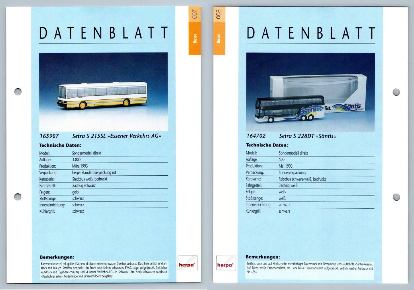 Setra S 215SL / Setra S 228DT #7/8 Busse - Herpa Data Sheet-Breakoutcards
