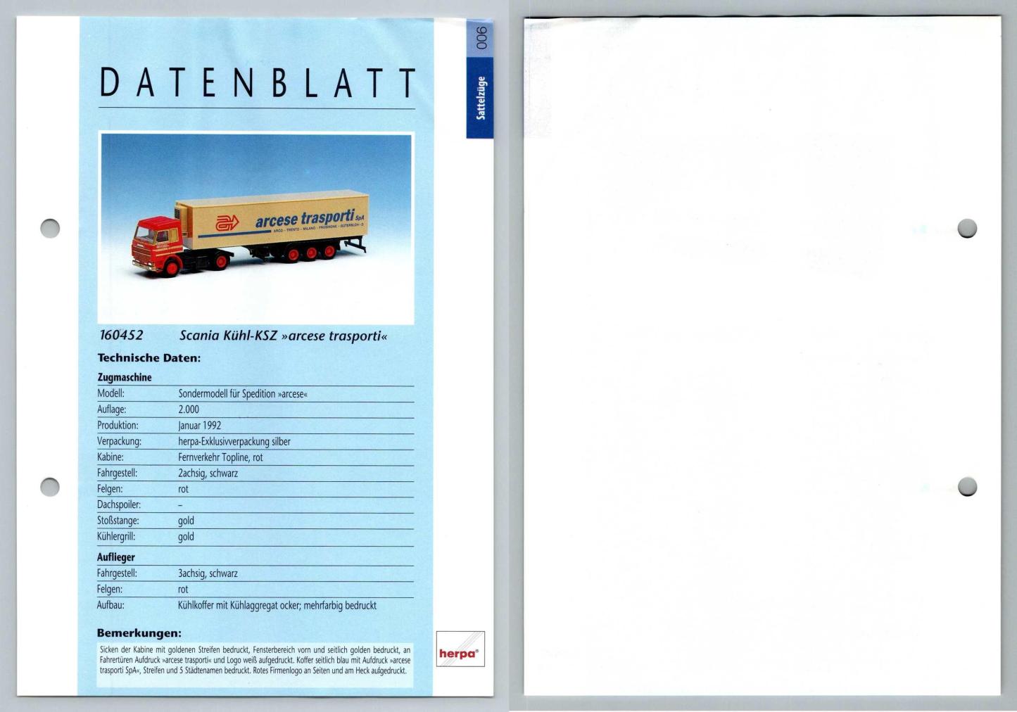 Scania Kuhl-KSZ Arcese Trasporti #6 Sattelzuge - Herpa Data Sheet-Breakoutcards
