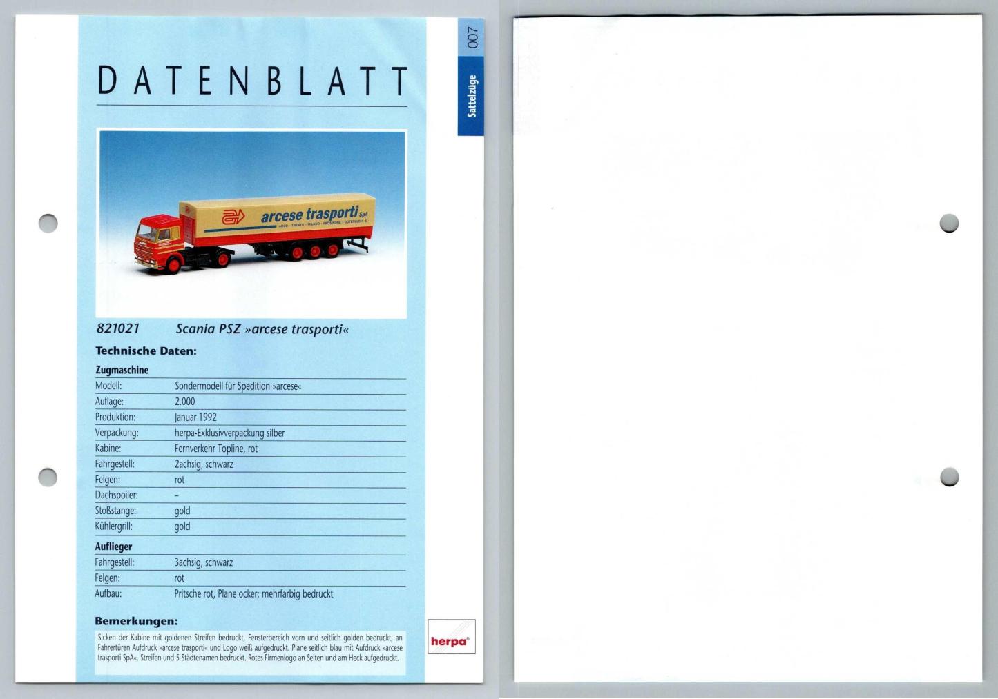 Scania PSZ Arcese Transporti #7 Sattelzuge - Herpa Data Sheet-Breakoutcards