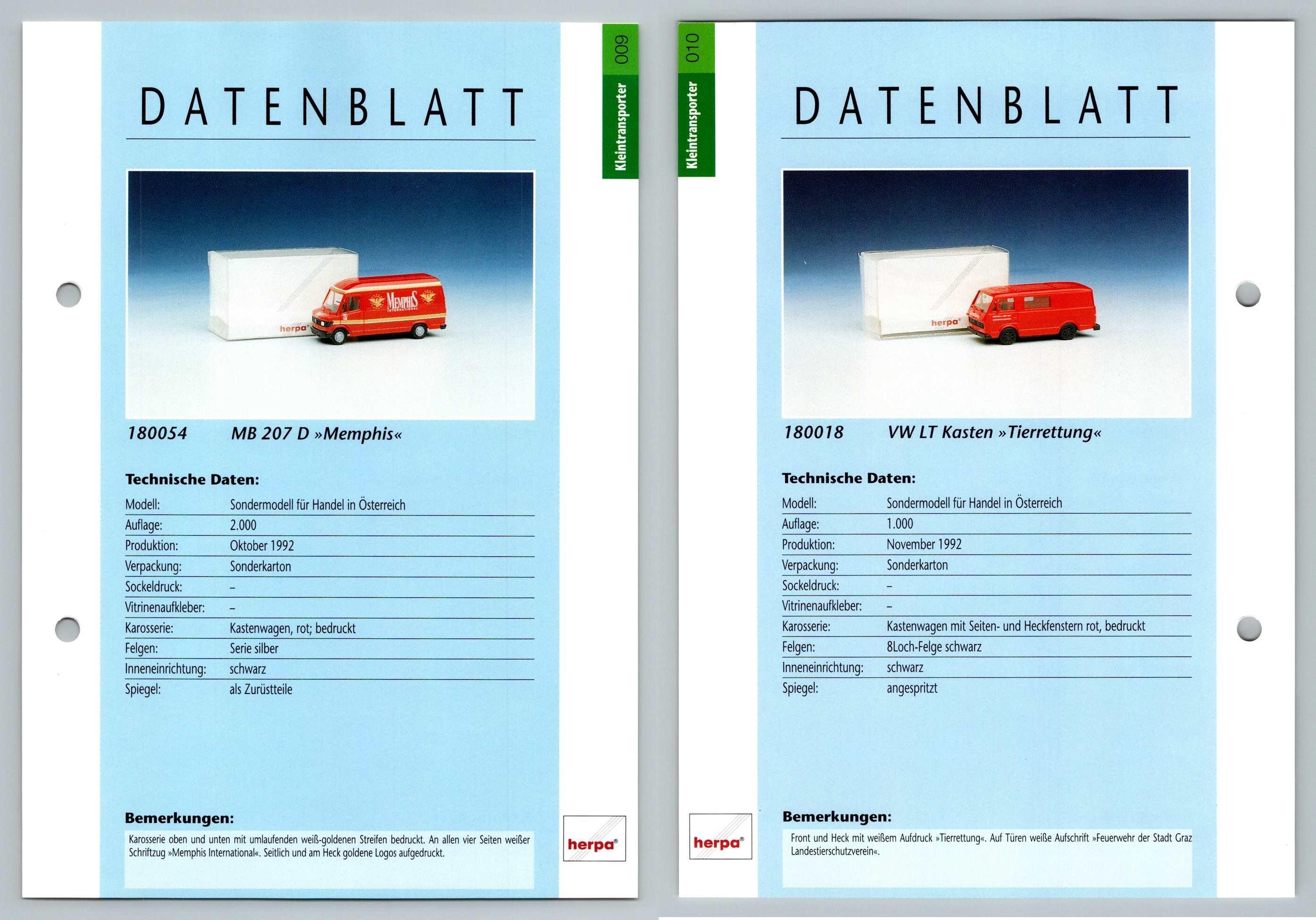 MB 207 D / VW LT Kasten #9/10  Kleintransporter - Herpa Data Sheet-Breakoutcards
