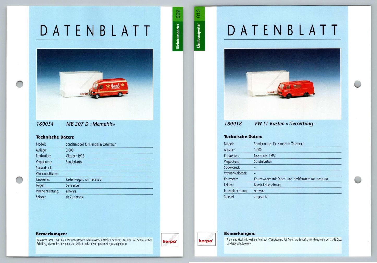 MB 207 D / VW LT Kasten #9/10  Kleintransporter - Herpa Data Sheet-Breakoutcards