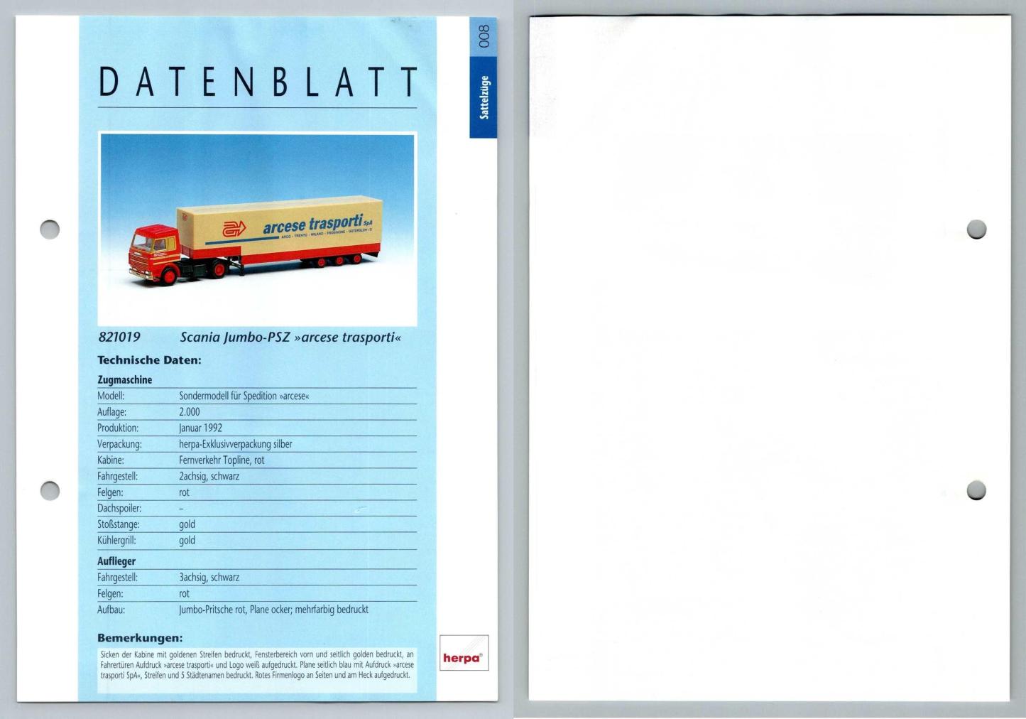 Scania Jumbo PSZ Arcese Trasporti #8 Sattelzuge - Herpa Data Sheet-Breakoutcards