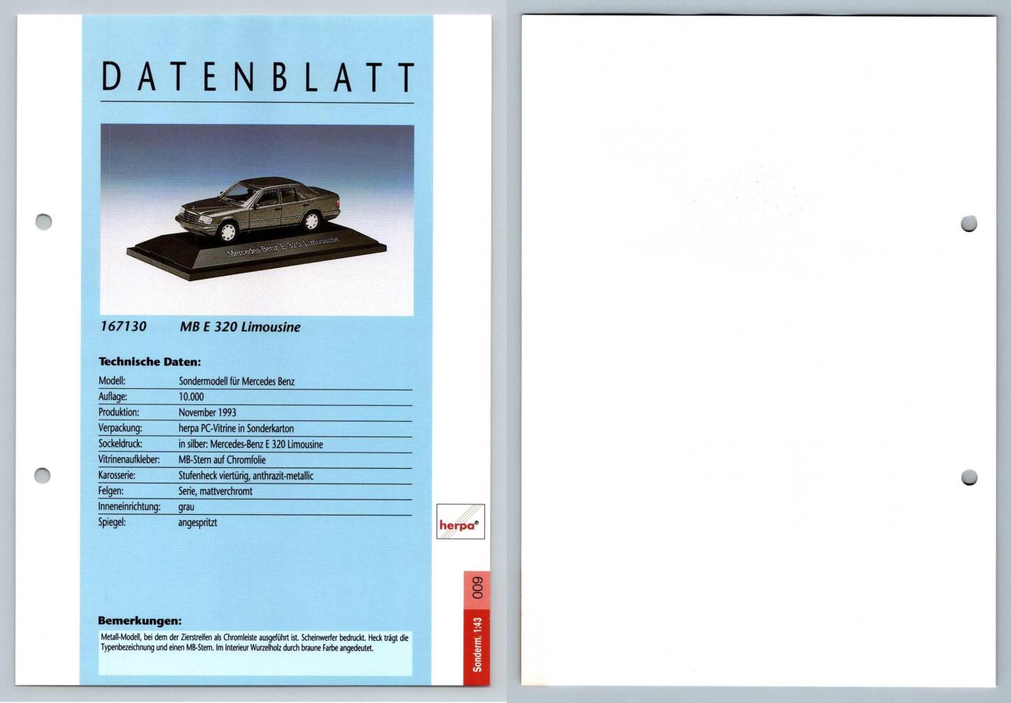 MB E 320 Limousine #9 Sonderm. 1:43 - Herpa Data Sheet-Breakoutcards