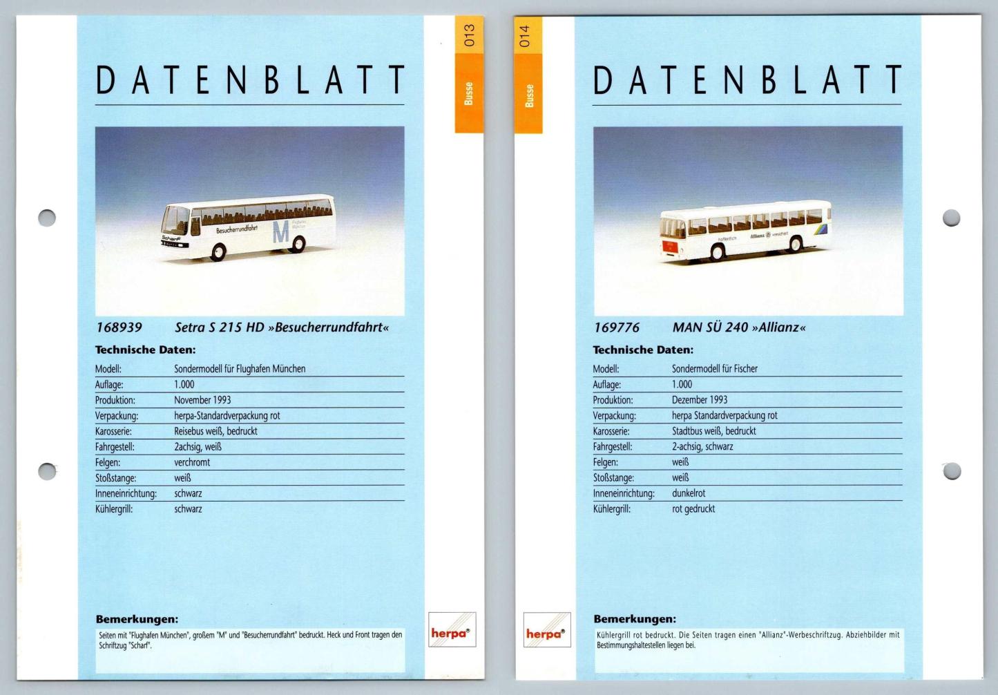 Setra S 215 HD / Man Su 240 #13/14 Busse - Herpa Data Sheet-Breakoutcards