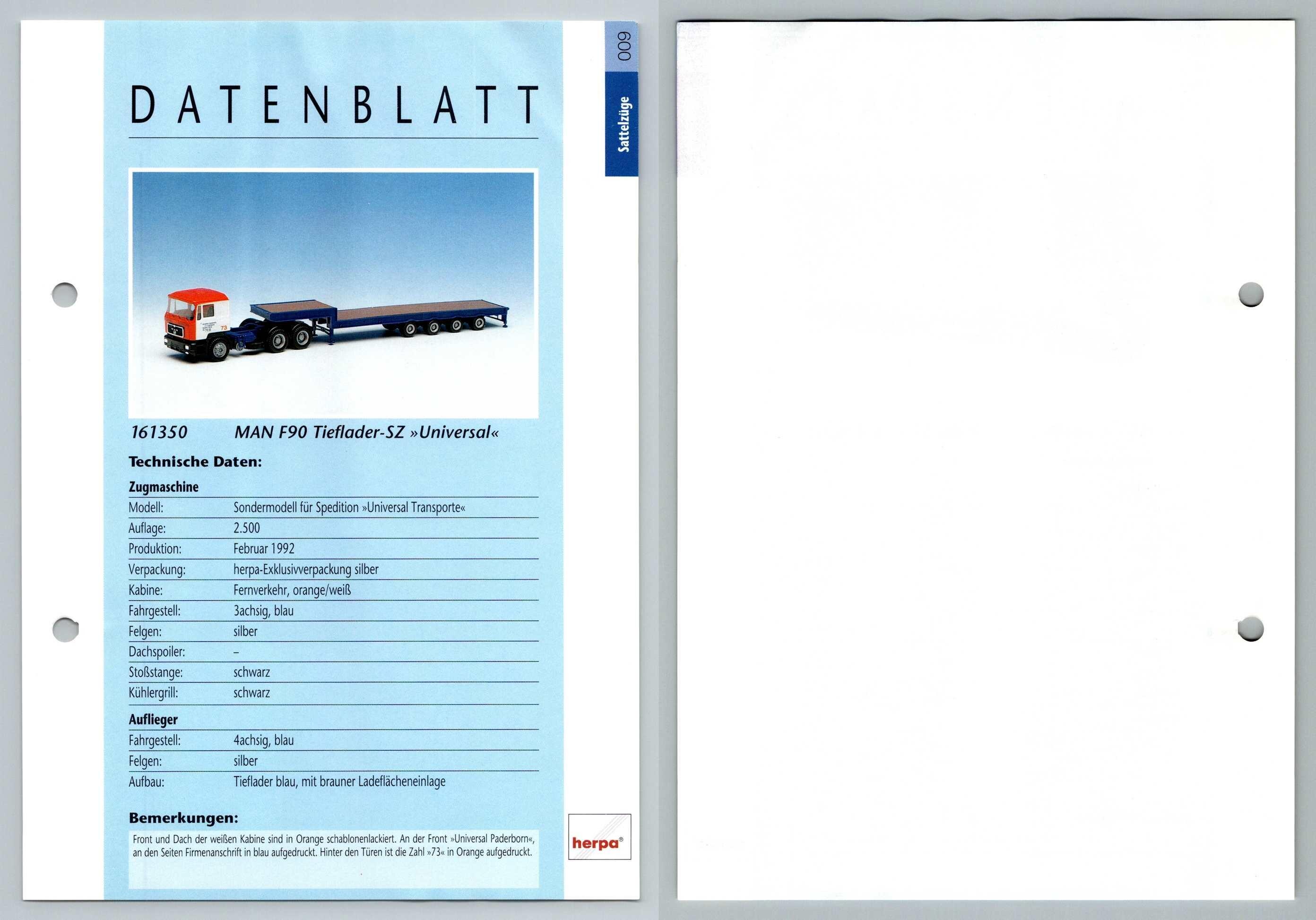 MAN F90 Tieflader SZ #9 Sattelzuge - Herpa Data Sheet-Breakoutcards