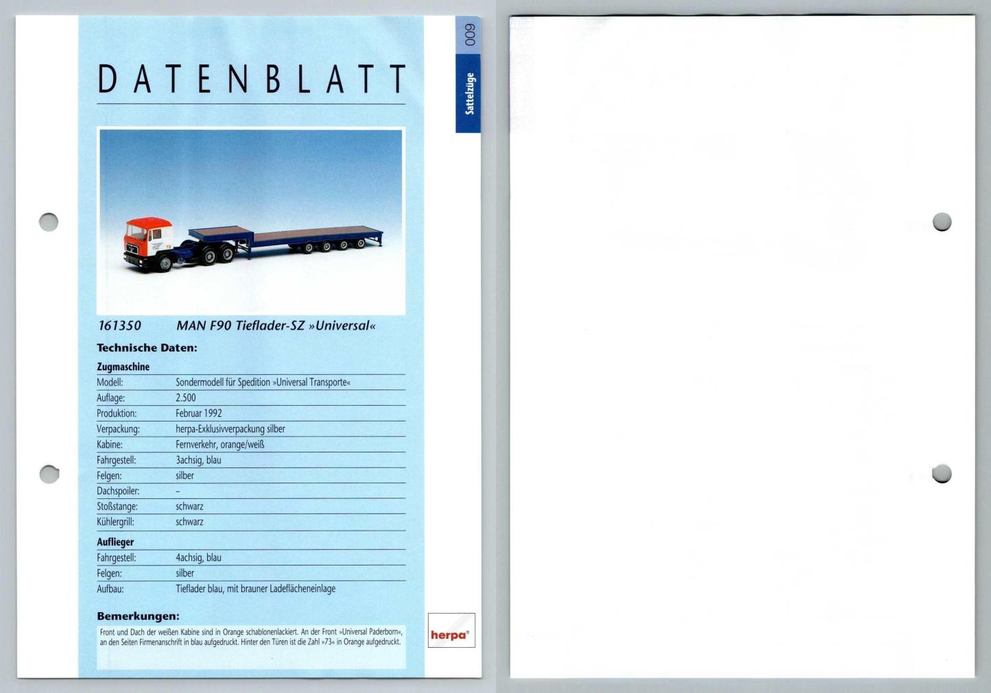 MAN F90 Tieflader SZ #9 Sattelzuge - Herpa Data Sheet-Breakoutcards