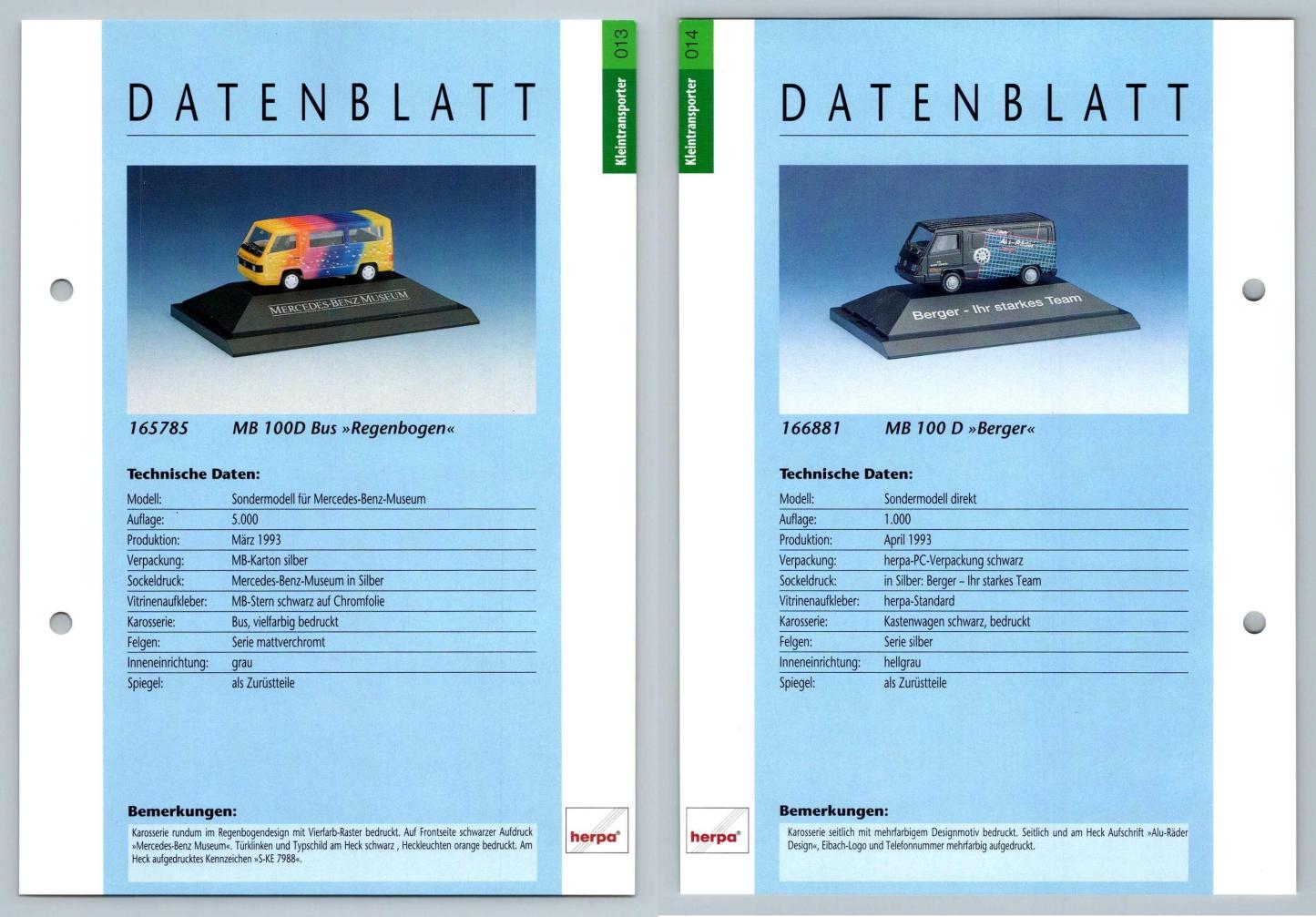 MB 100D Bus /  MB 100 D #13/14 Kleintransporter - Herpa Data Sheet-Breakoutcards