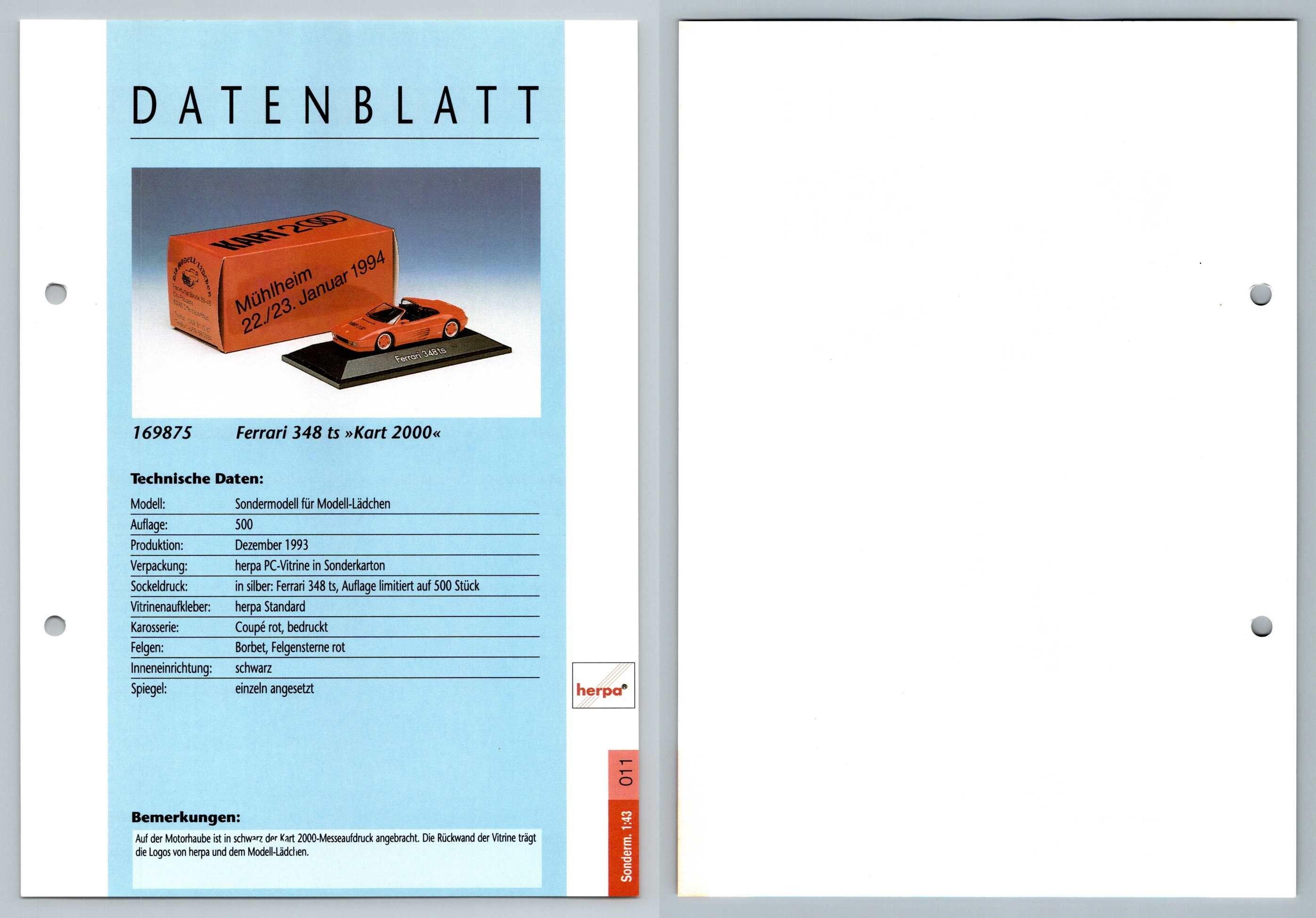 Ferrari 348ts Kart 2000 #11 Sonderm. 1:43 - Herpa Data Sheet-Breakoutcards