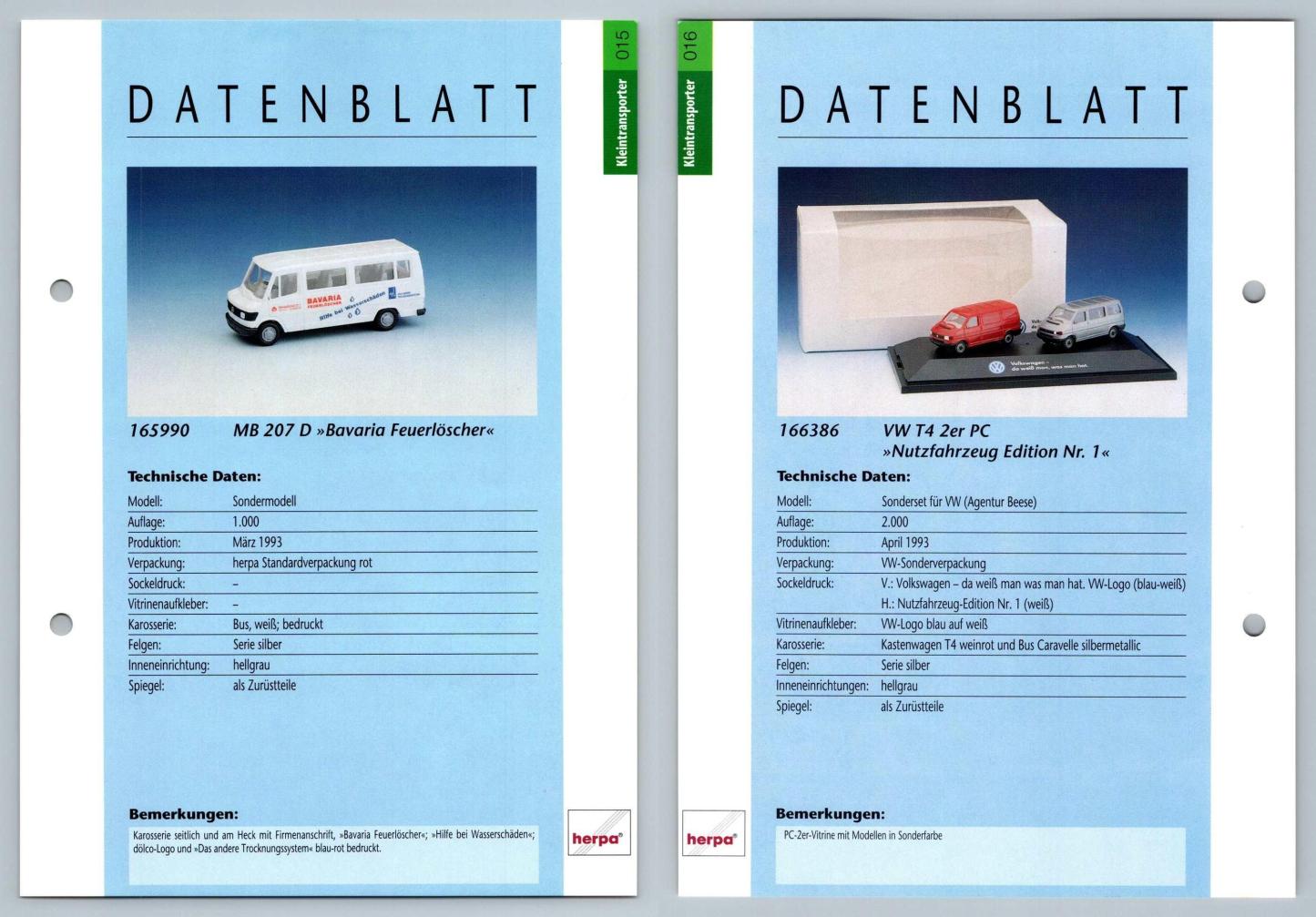MB 207 D / VW T4 2er PC #15/16 Kleintransporter - Herpa Data Sheet-Breakoutcards