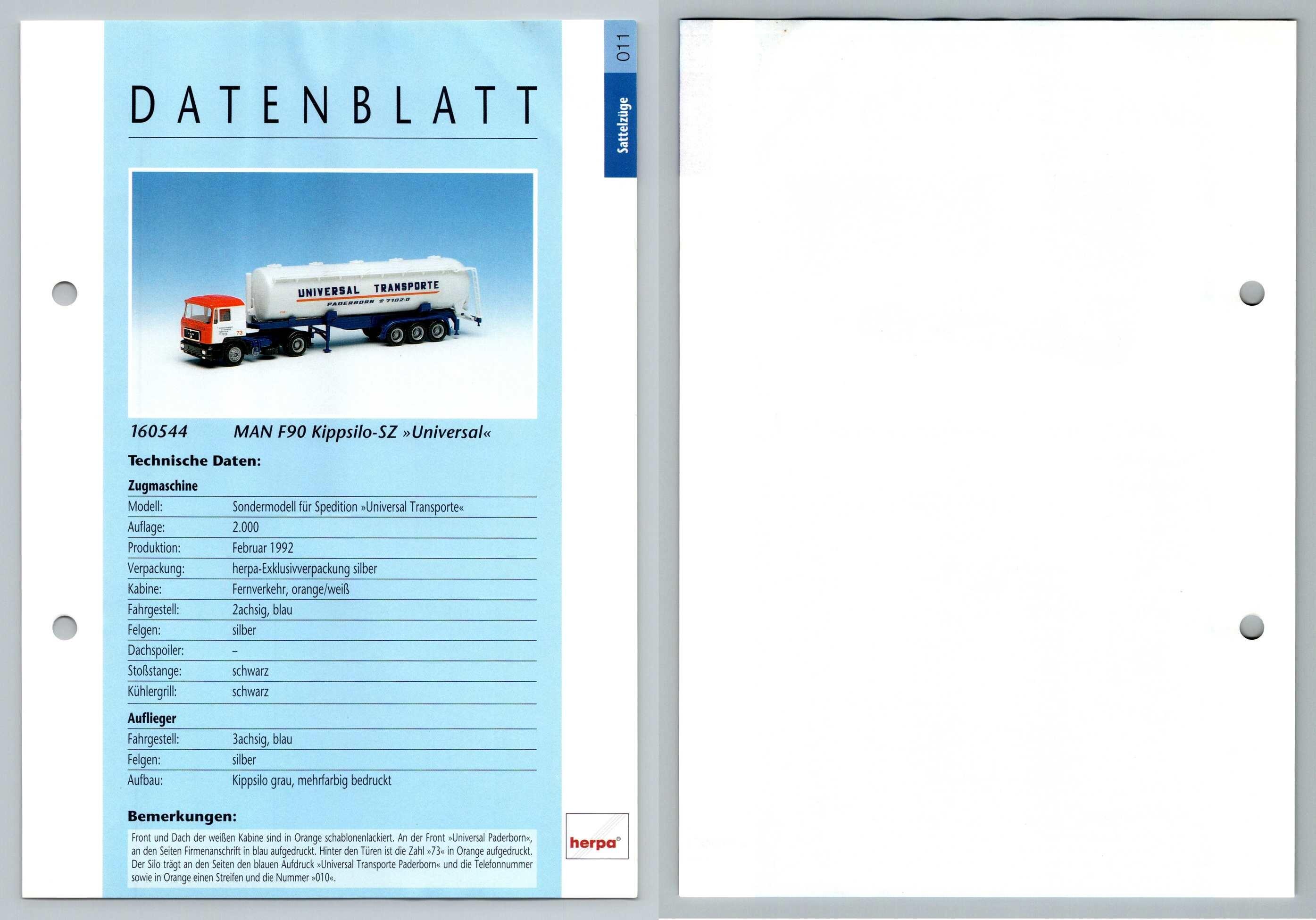 MAN F90 Kippsilo SZ #11 Sattelzuge - Herpa Data Sheet-Breakoutcards