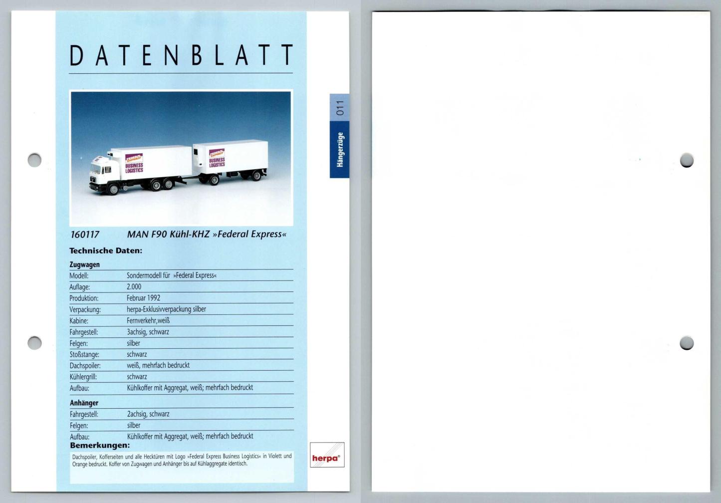 MAN F90 Kuhl Federal Express #11 Hangerzuge - Herpa Data Sheet-Breakoutcards