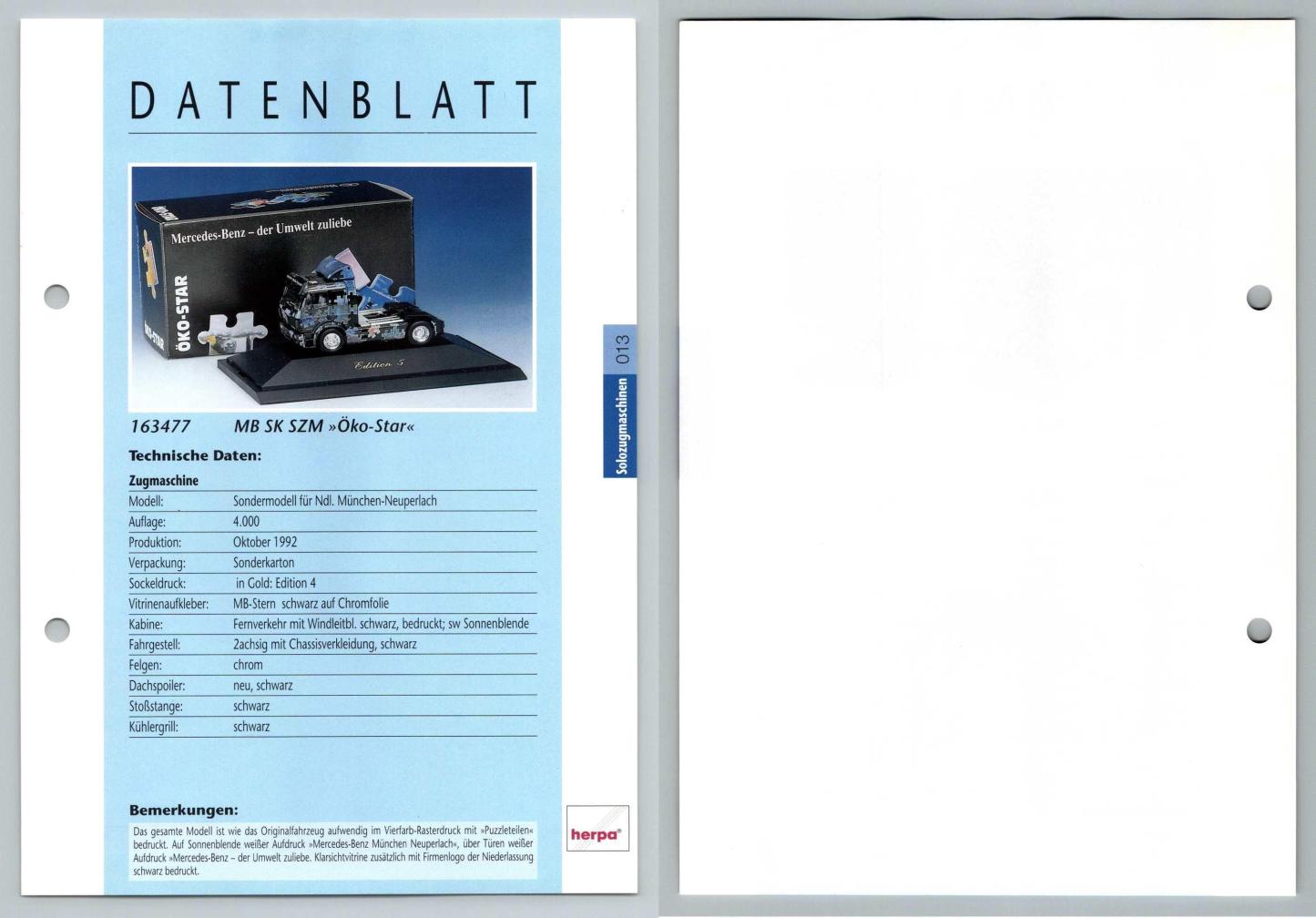 MB SK SZM Oko-Star #13 Solozugmaschinen - Herpa Data Sheet-Breakoutcards