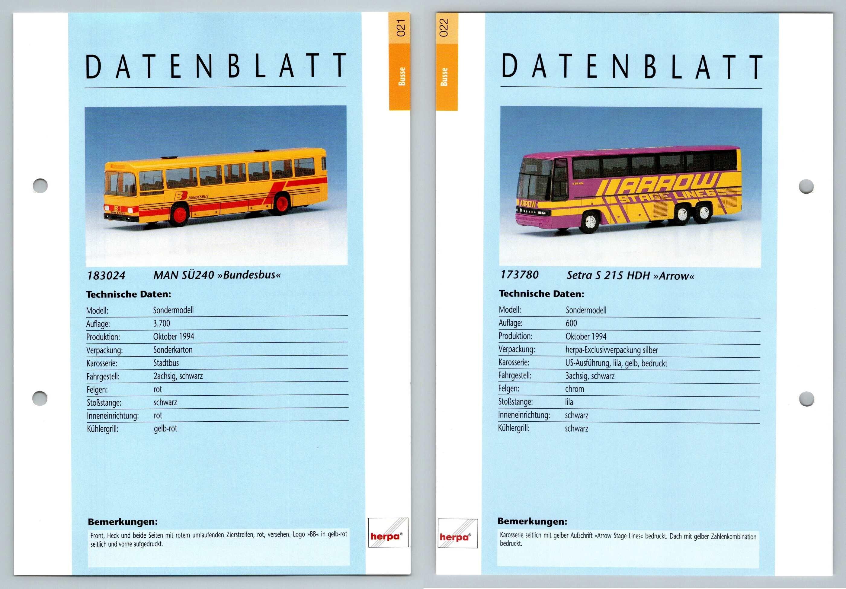 Man Su240 / Setra S 215 HDH #21/22 Busse - Herpa Data Sheet-Breakoutcards