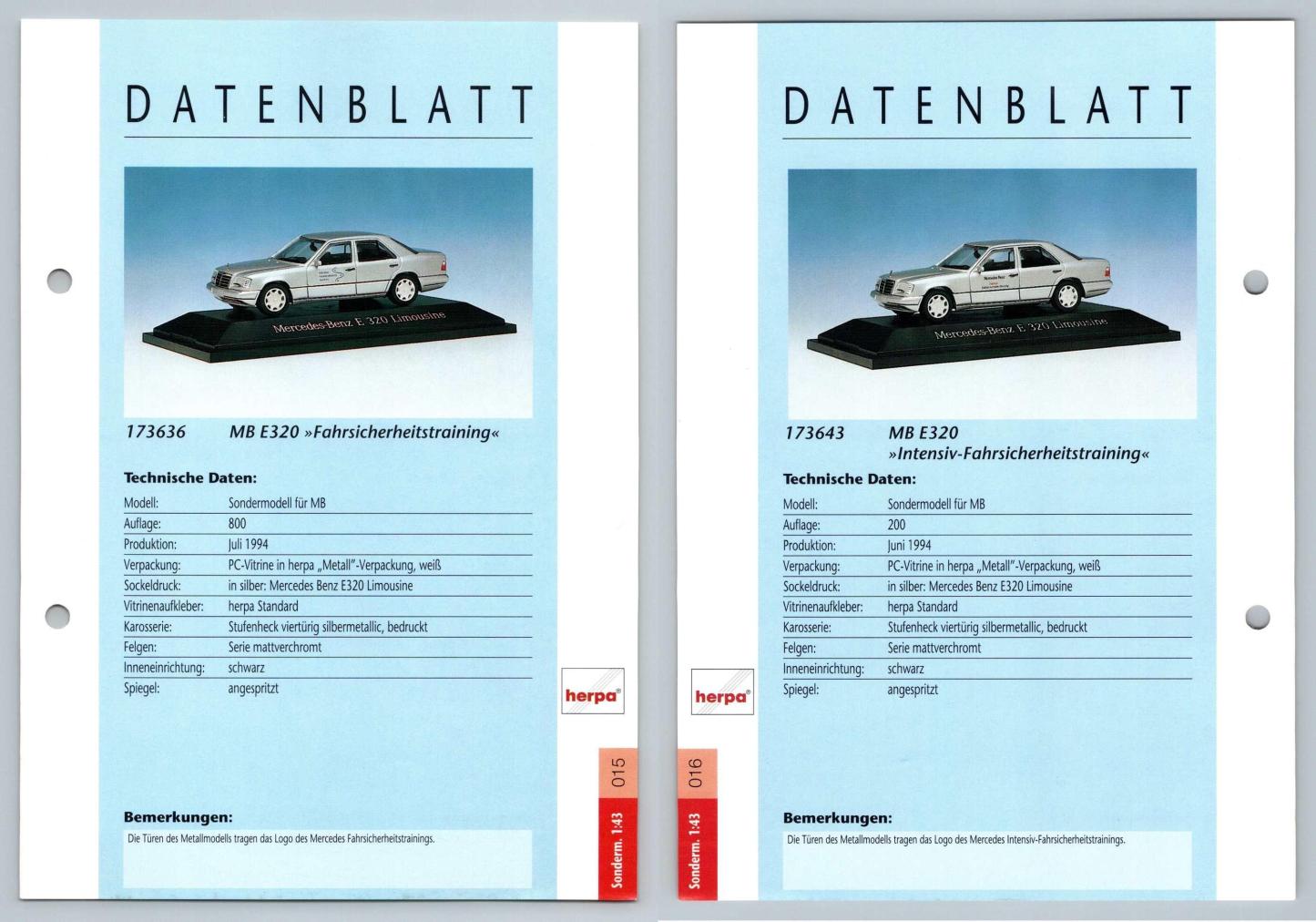 MB E320 #15/16 Sonderm. 1:43 - Herpa Data Sheet-Breakoutcards