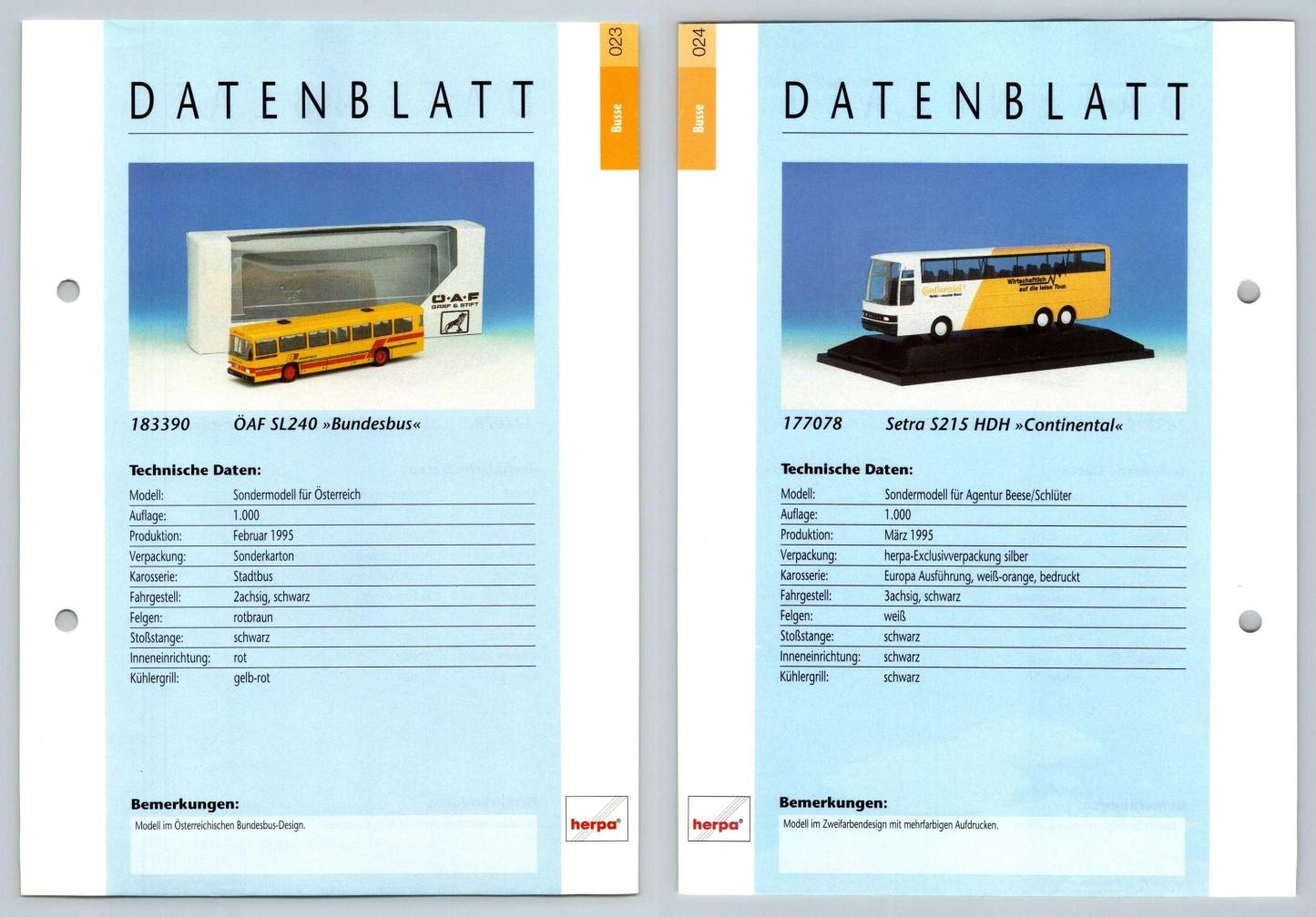 OAF SL 240 / Setra S215 HDH #23/24 Busse - Herpa Data Sheet-Breakoutcards