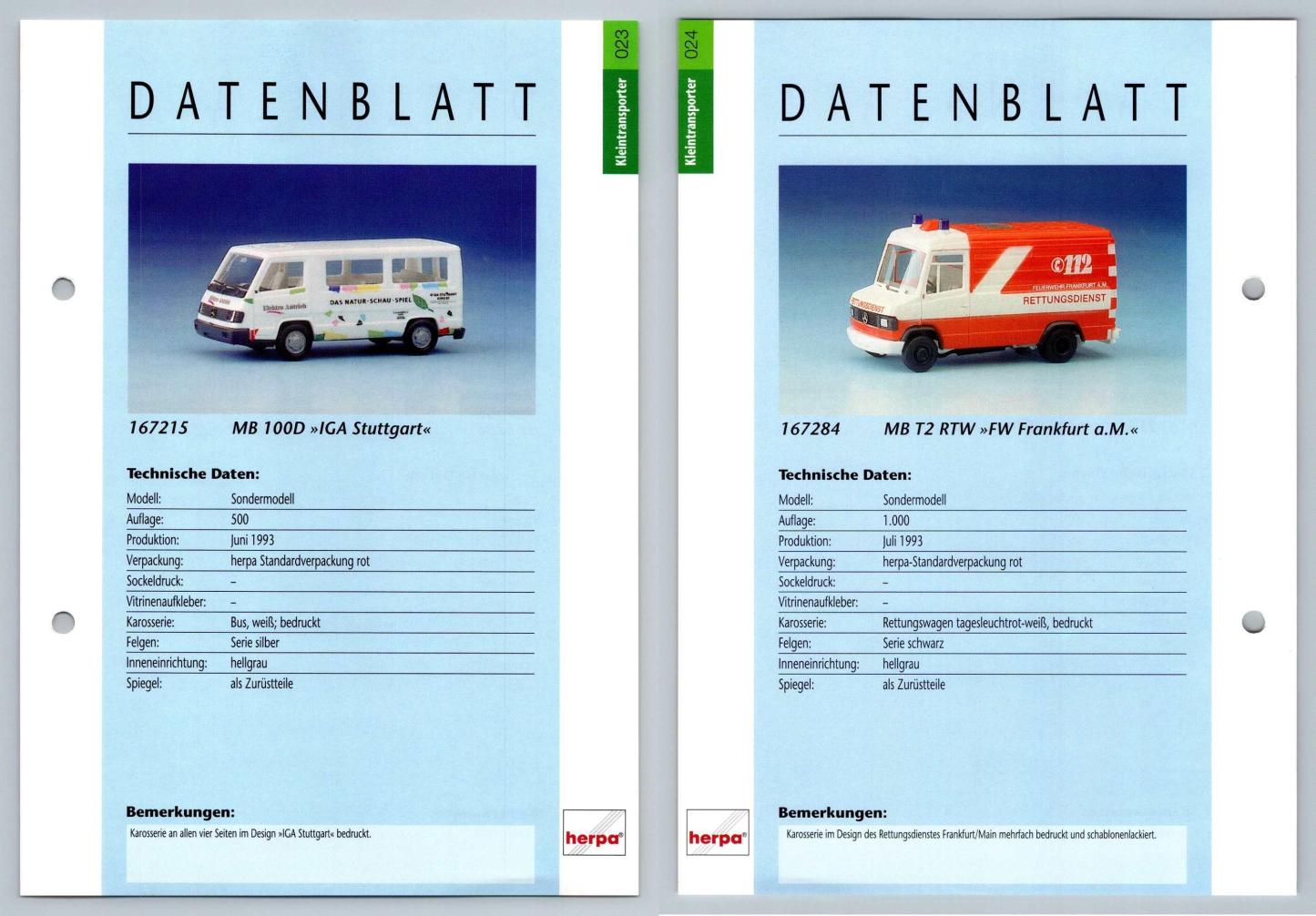 VW T4 Pritsche / MB T2 RTW #23/24 Kleintransporter - Herpa Data Sheet-Breakoutcards
