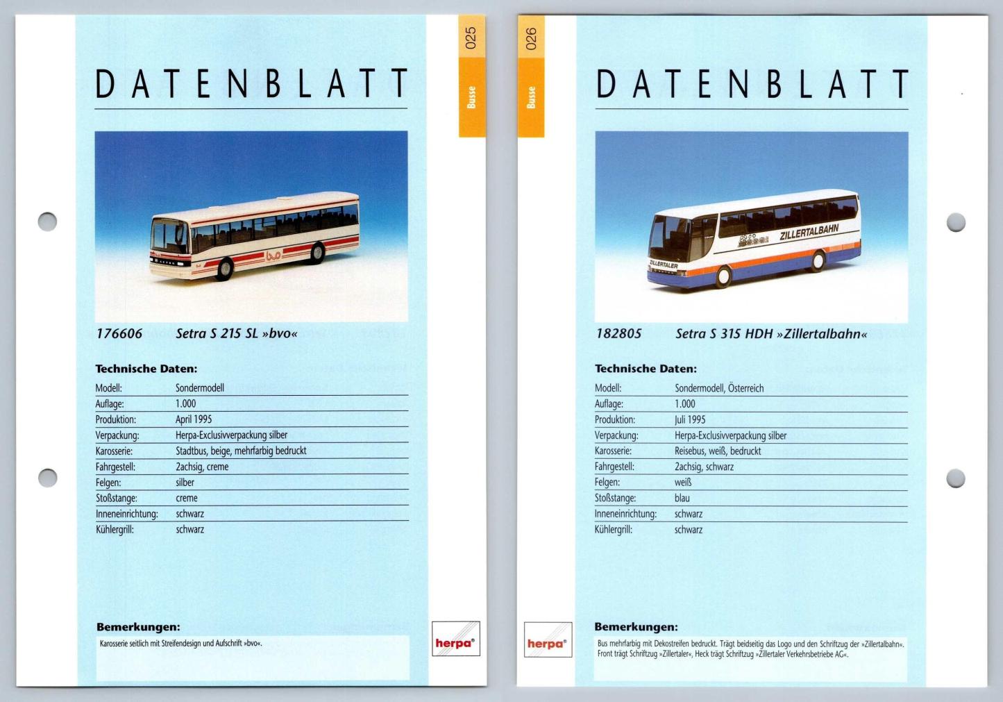 Setra S 215 SL / Setra S 315 HDH #25/26 Busse - Herpa Data Sheet-Breakoutcards