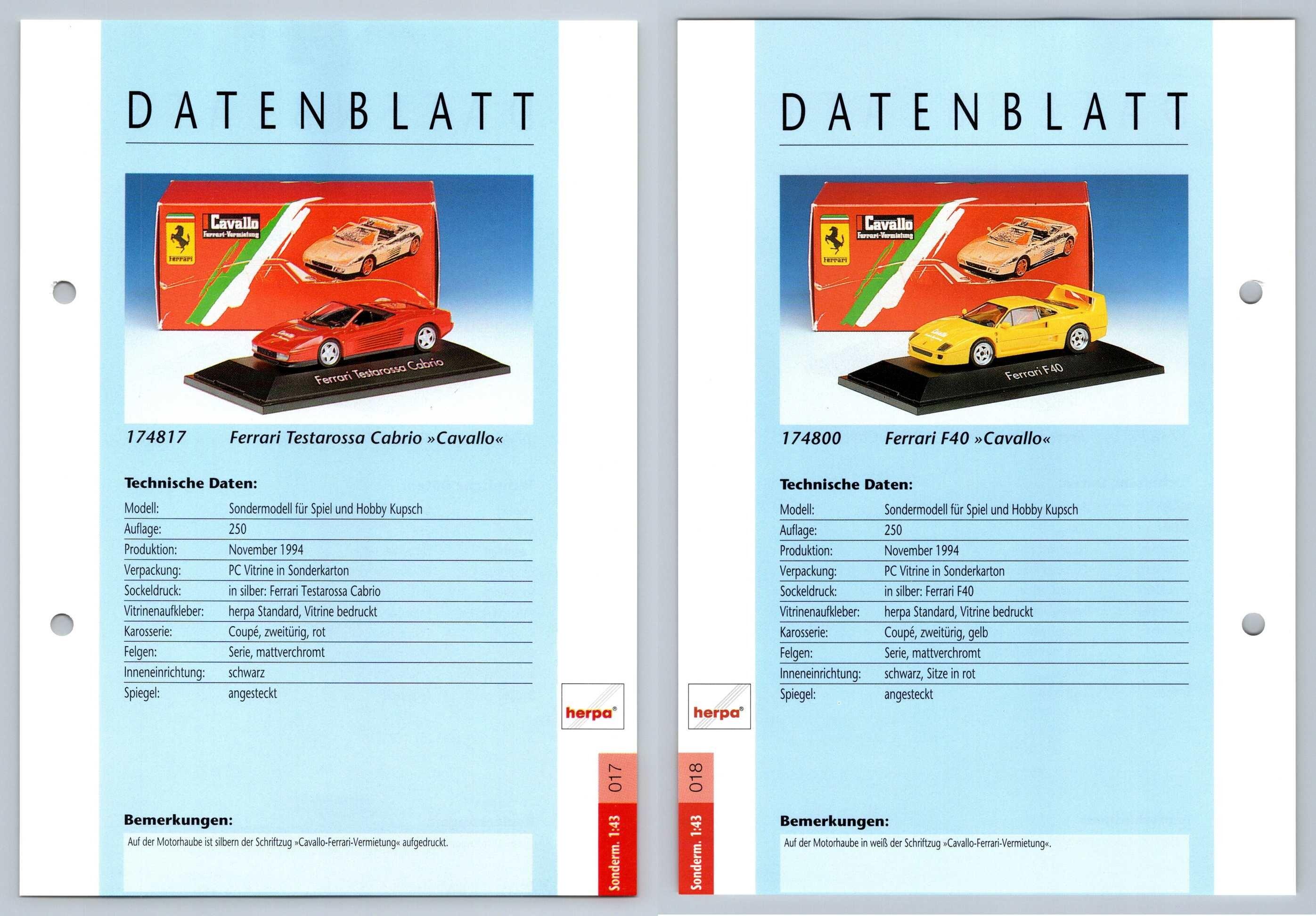Ferrari Testarossa / F40 #17/18 Sonderm. 1:43 - Herpa Data Sheet-Breakoutcards