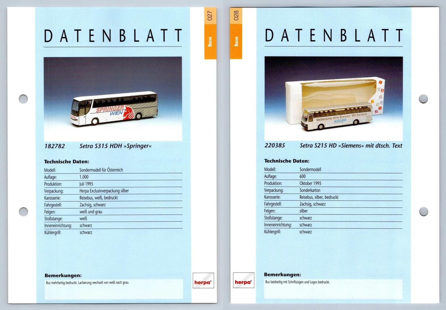 Setra S315 HDH / Setra S215 HD #27/28 Busse - Herpa Data Sheet-Breakoutcards