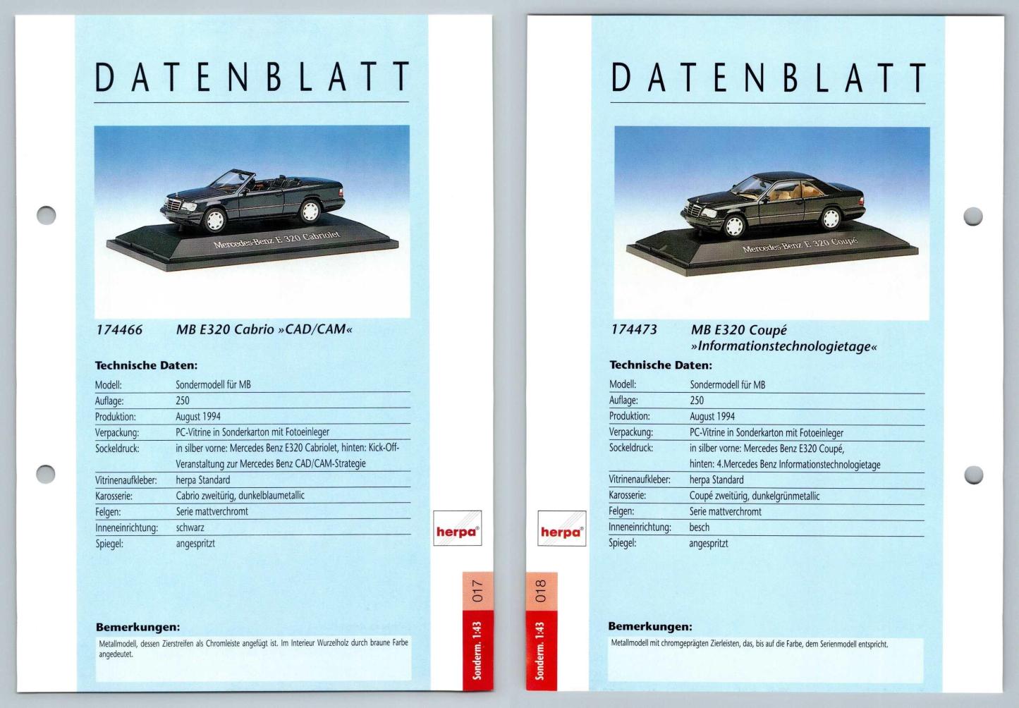 MB E320 Cabrio / E320 Coupe #17/18 Sonderm. 1:43 - Herpa Data Sheet-Breakoutcards