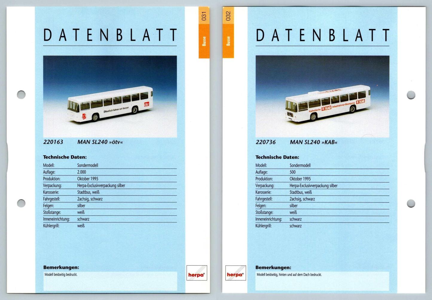 MAN SL240 Otv / MAN SL240 KAB #31/32 Busse - Herpa Data Sheet-Breakoutcards