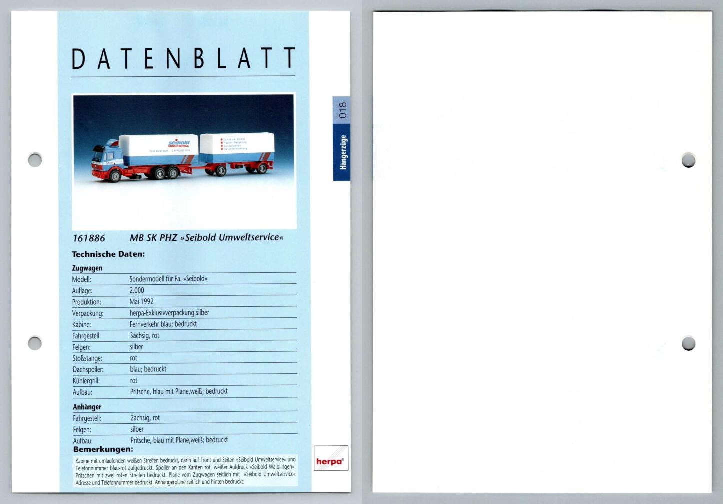 MB SK PHZ Seibold Umweltservice #18 Hangerzuge - Herpa Data Sheet-Breakoutcards