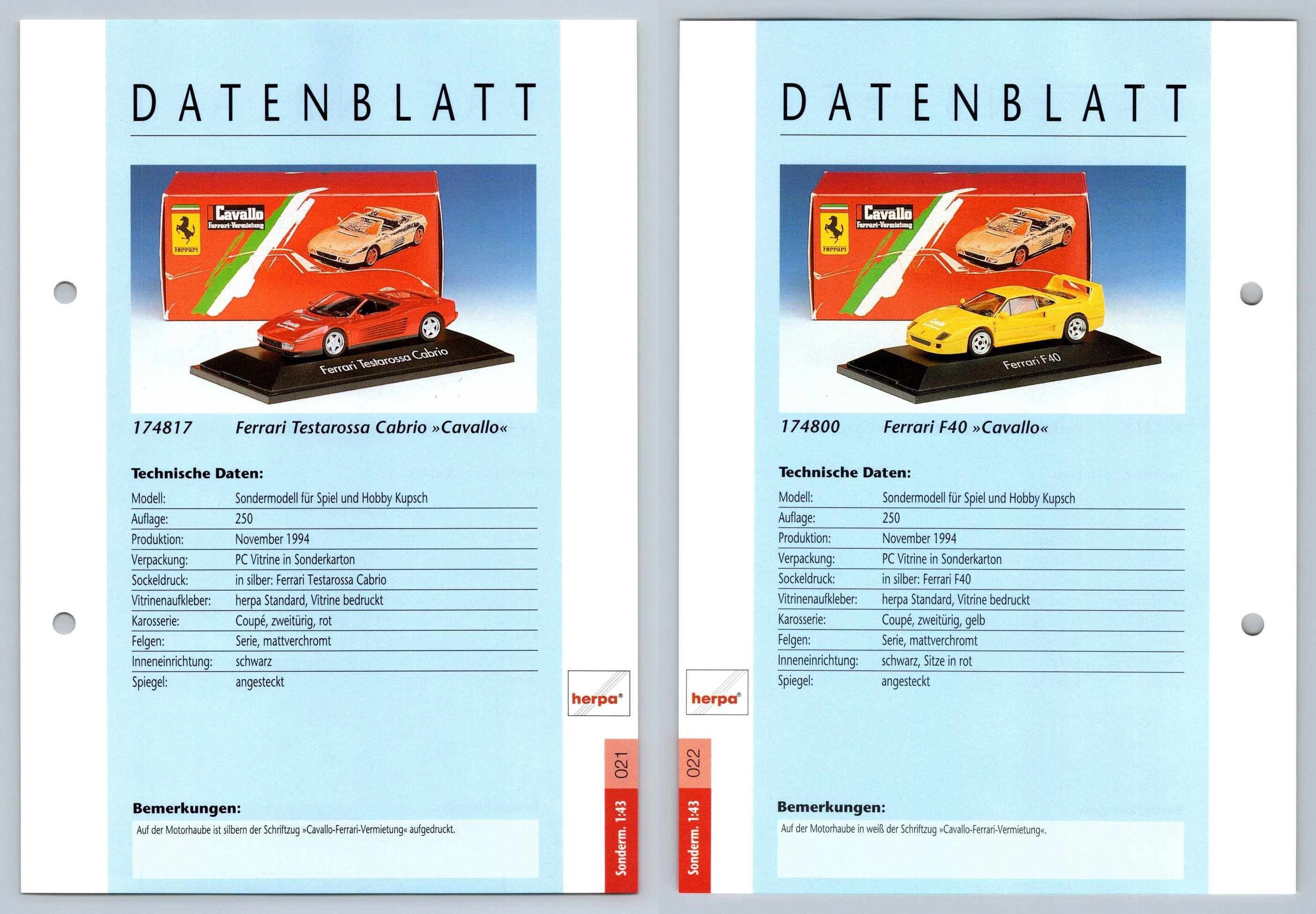 Ferrari Testarossa / F40 #21/22 Sonderm. 1:43 - Herpa Data Sheet-Breakoutcards