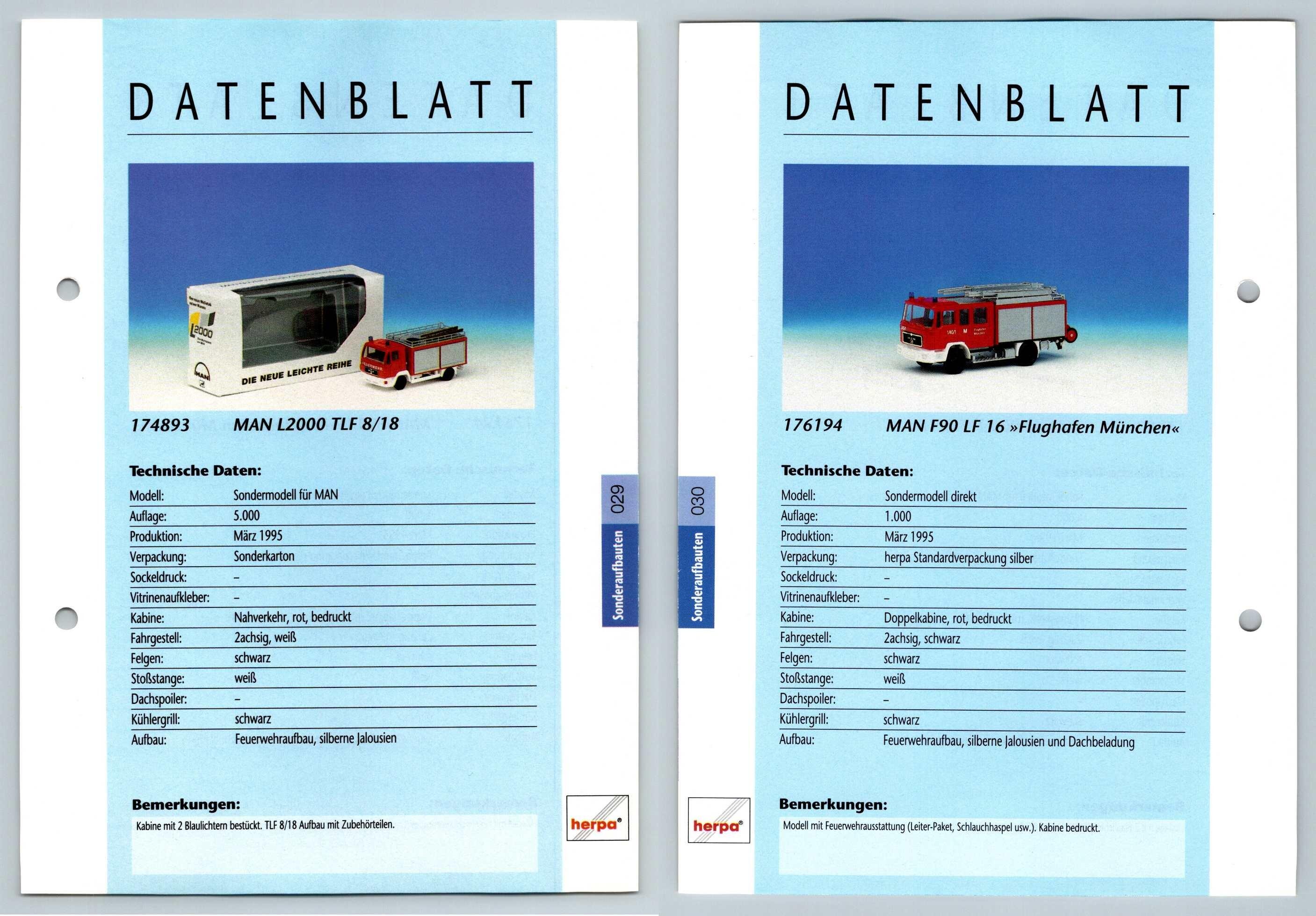 MAN L2000 TLF 8/18 / F90 LF 16 #29/30 Sonderaufbauten - Herpa Data Sheet-Breakoutcards