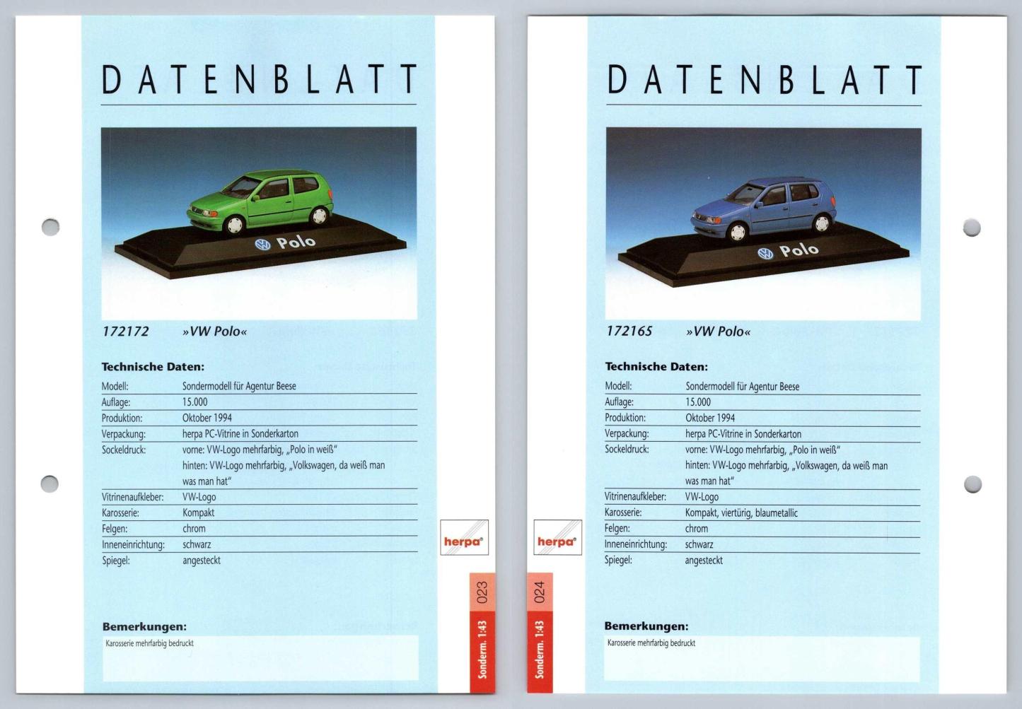 VW Polo #23/24 Sonderm. 1:43 - Herpa Data Sheet-Breakoutcards