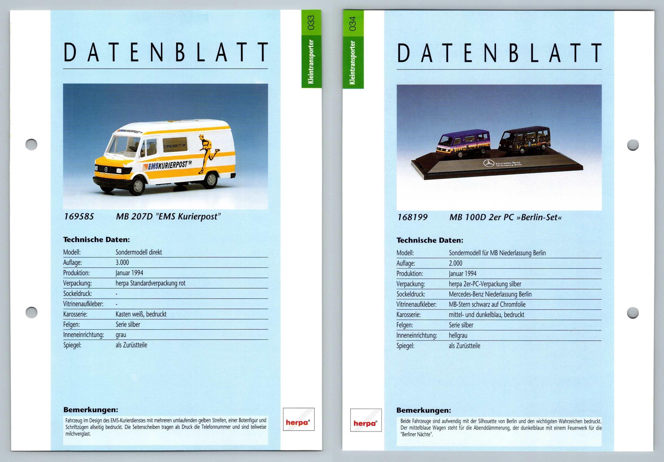 MB 207D EMS Kurierpost / MB 100D 2er PC #33/34 Kleintransporter - Herpa Data Sheet-Breakoutcards