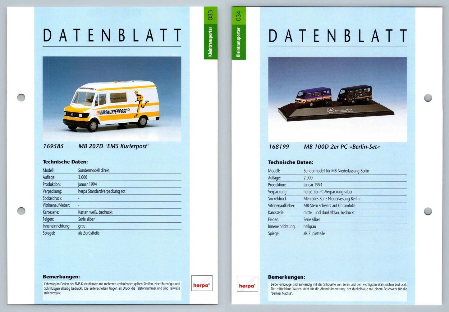MB 207D EMS Kurierpost / MB 100D 2er PC #33/34 Kleintransporter - Herpa Data Sheet-Breakoutcards
