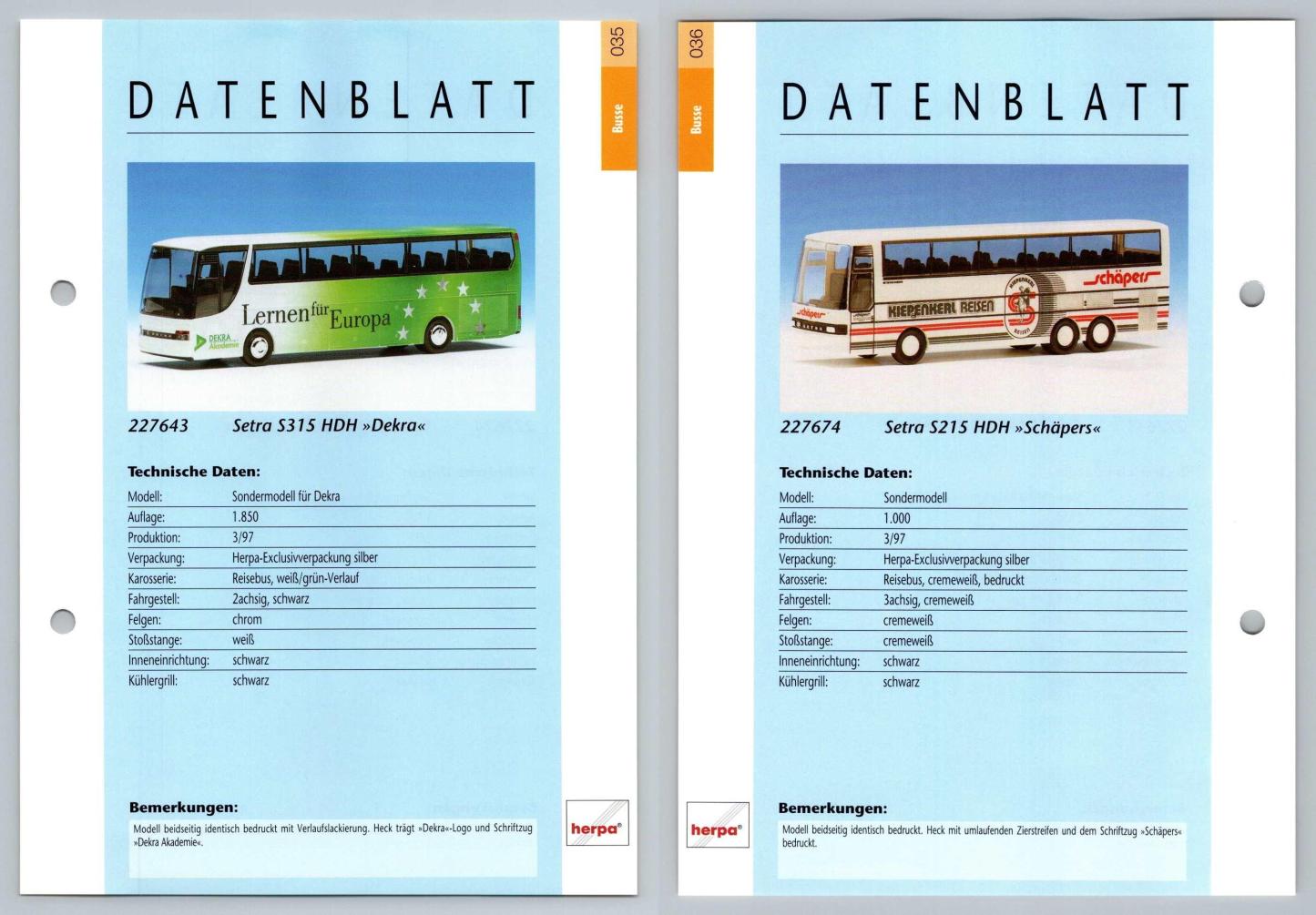 Setra S315 HDH / Setra S215 HDH #35/36 Busse - Herpa Data Sheet-Breakoutcards