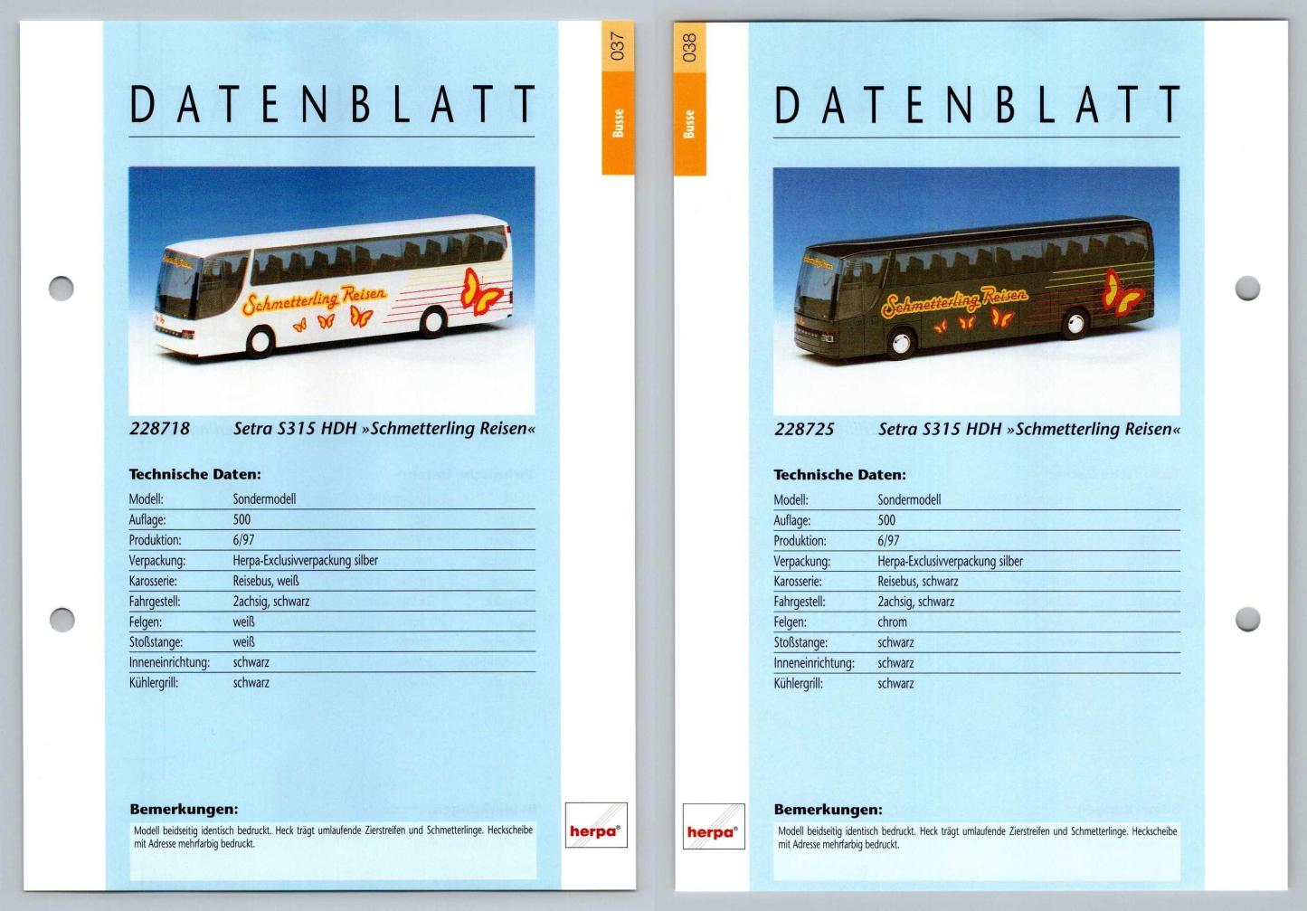 Setra S315 HDH Schmetterling Reisen #37/38 Busse - Herpa Data Sheet-Breakoutcards