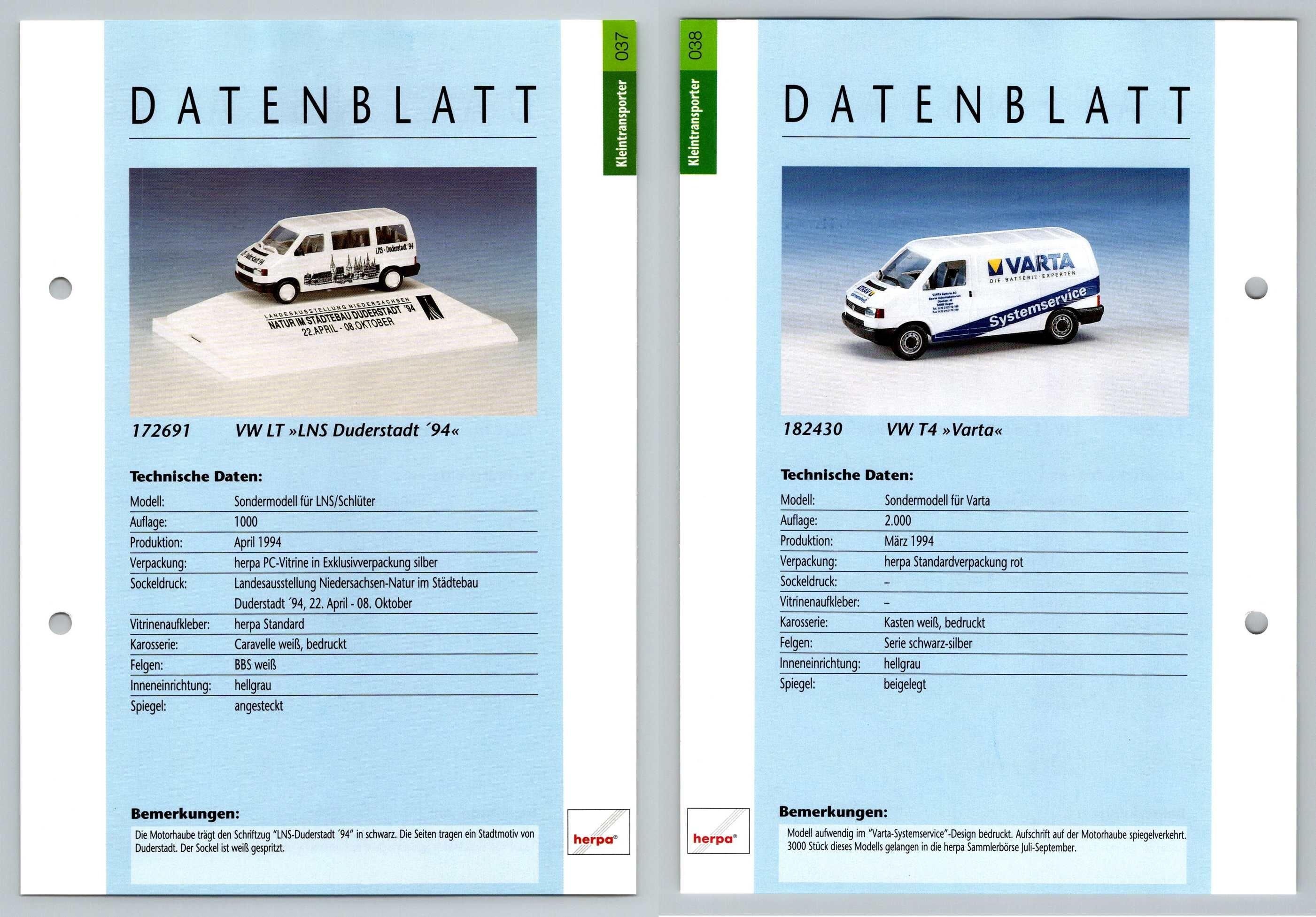 VW LT / VW T4 Varta #37/38 Kleintransporter - Herpa Data Sheet-Breakoutcards